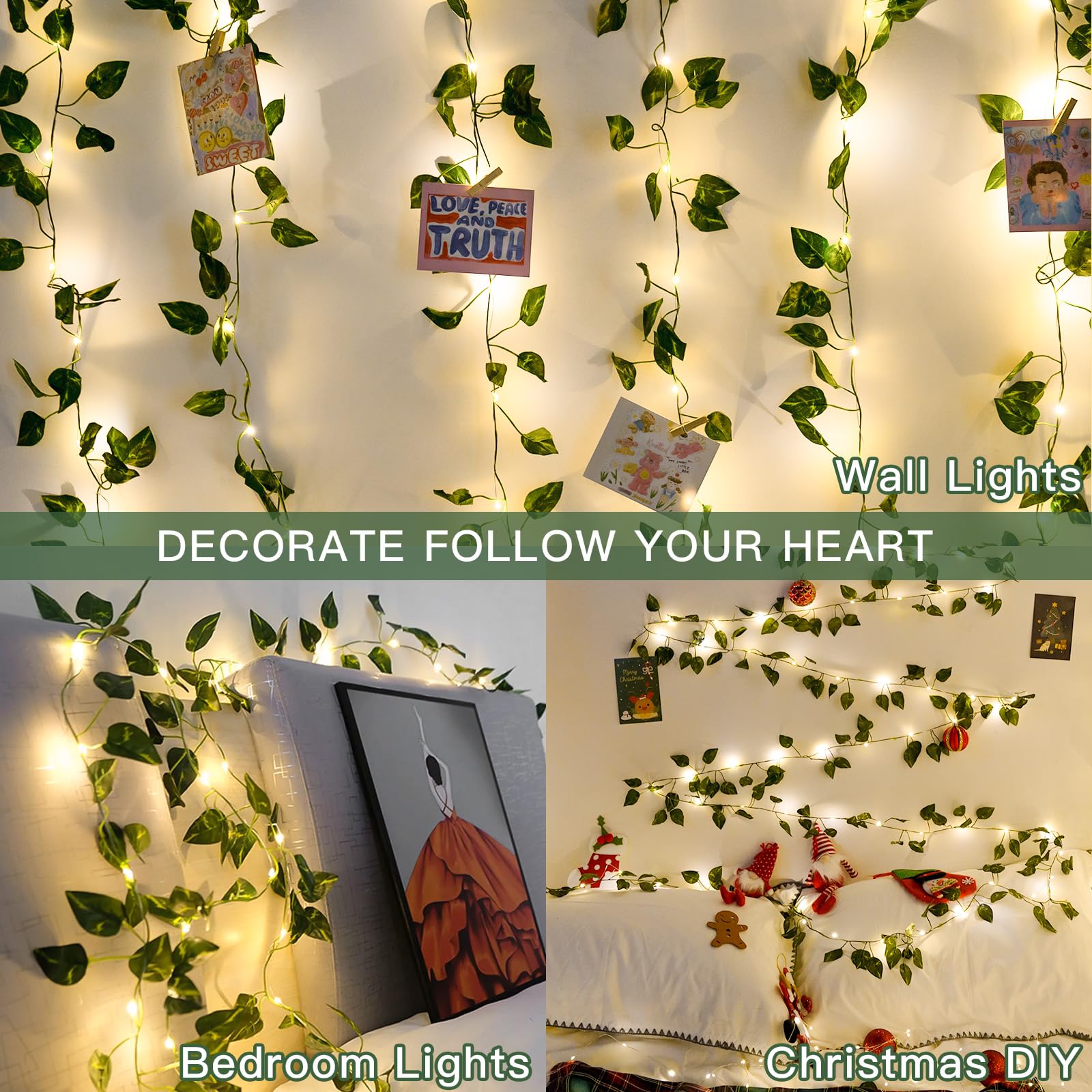 suddus Vine with Fairy Lights Battery Operated, 33ft 100 LED Maple Leaf String Lights with Remote, Dimmable Fall Garland with Lights for Bedroom Wall Indoor Outdoor Thanksgiving Decor (Warm White)