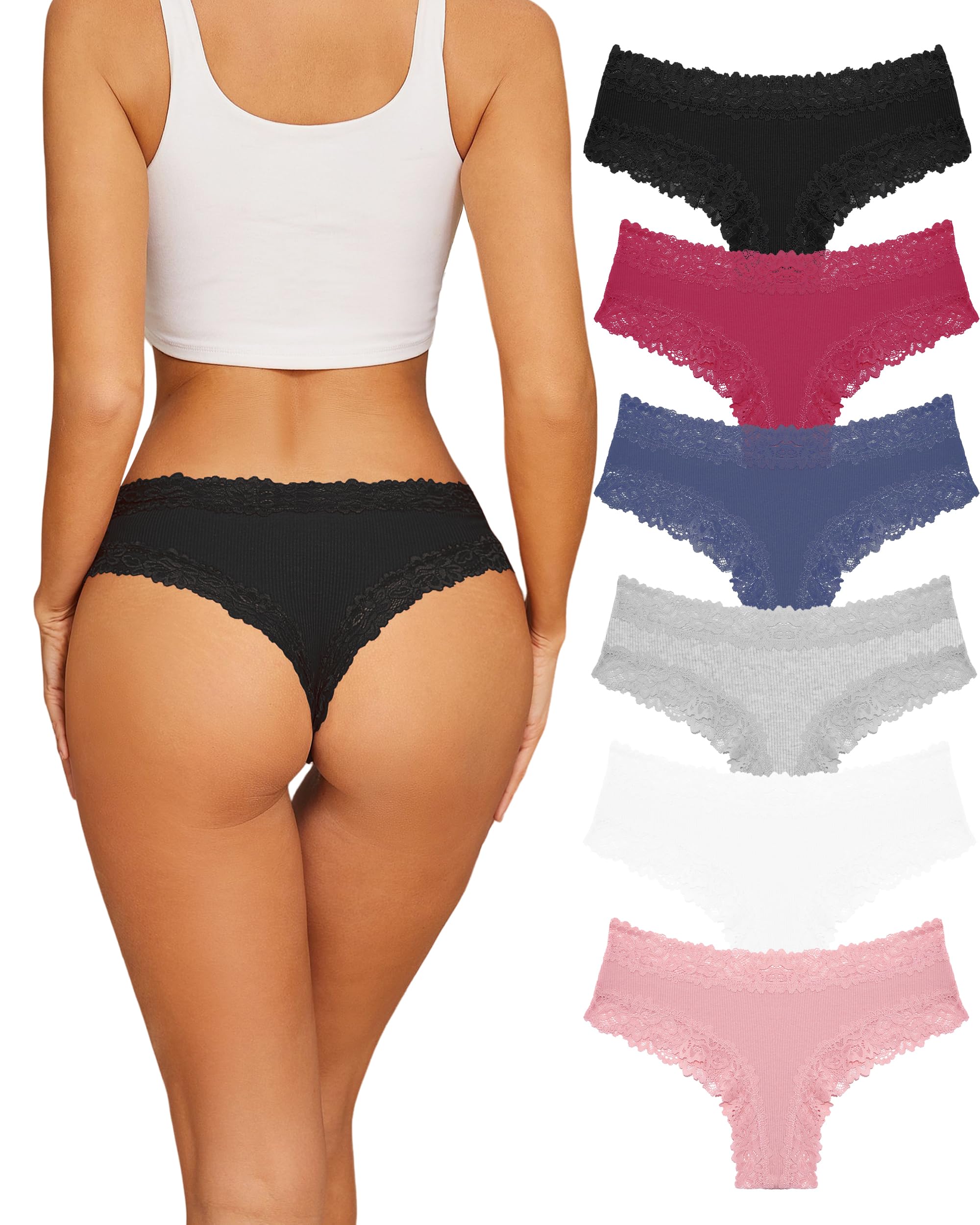 Sth Big Womens Cotton Underwear Sexy Lace Brazilian Panties Soft Breathable Cotton Bikini for Ladies 6 Pack