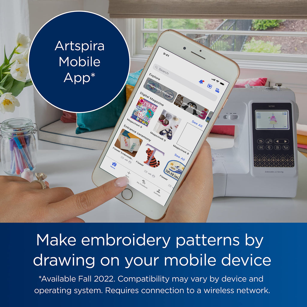 Brother SE700 Sewing and Embroidery Machine, Wireless LAN Connected, 135 Built-in Designs, 103 Built-in Stitches, Computerized, 4" x 4" Hoop Area, 3.7" Touchscreen Display, 8 Included Feet, White