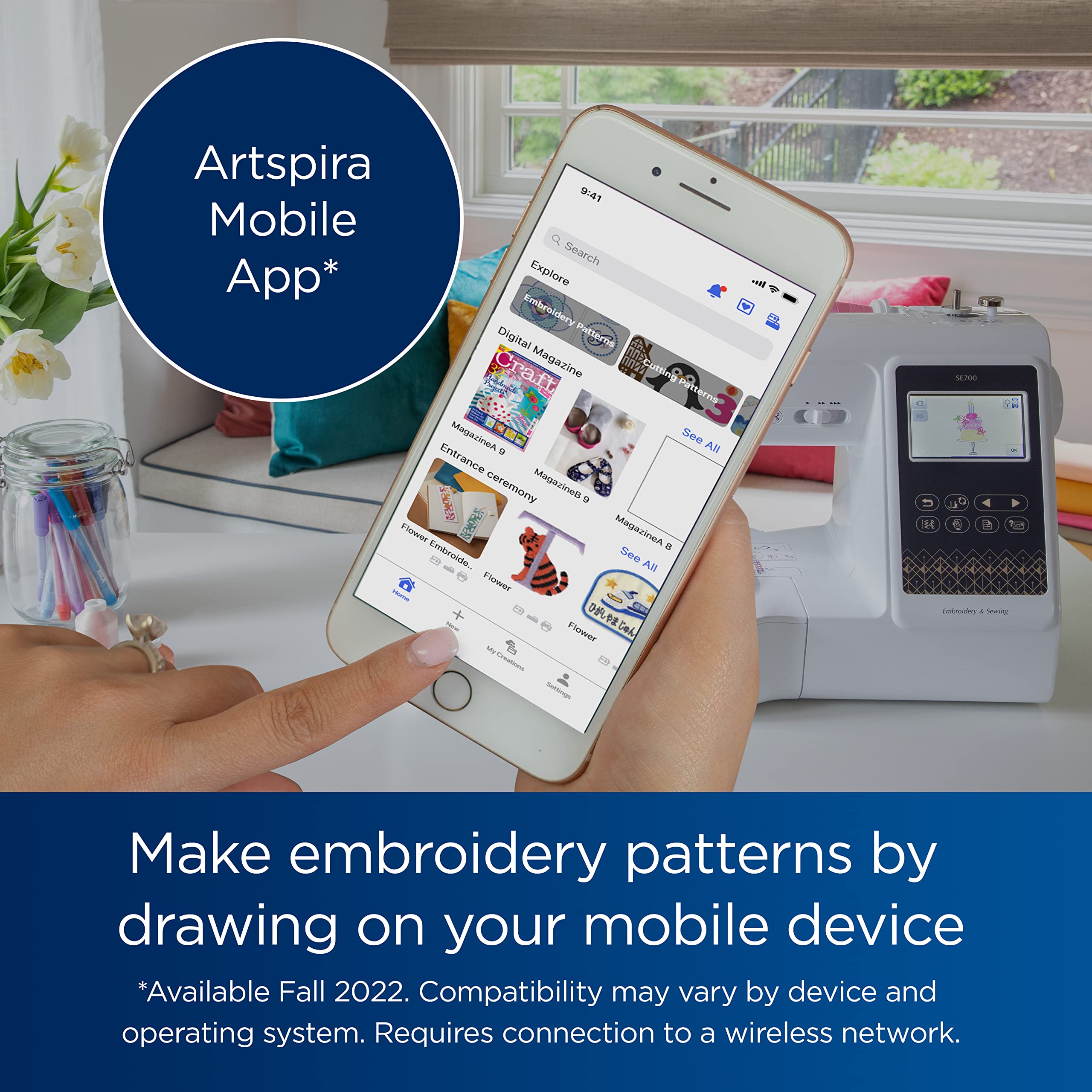 Brother SE700 Sewing and Embroidery Machine, Wireless LAN Connected, 135 Built-in Designs, 103 Built-in Stitches, Computerized, 4" x 4" Hoop Area, 3.7" Touchscreen Display, 8 Included Feet, White