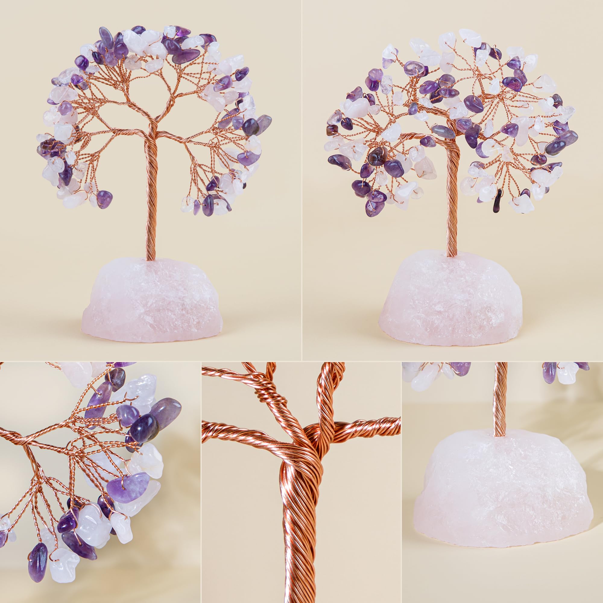 ZenBless 7 Chakra Healing Crystals Stones Tree, Amethyst, Pink Crystal, Aquamarine Leaf Wire Wrapped on Natural Agate Slice Base, Home Office Desk Living Room Feng Shui Decoration for Luck