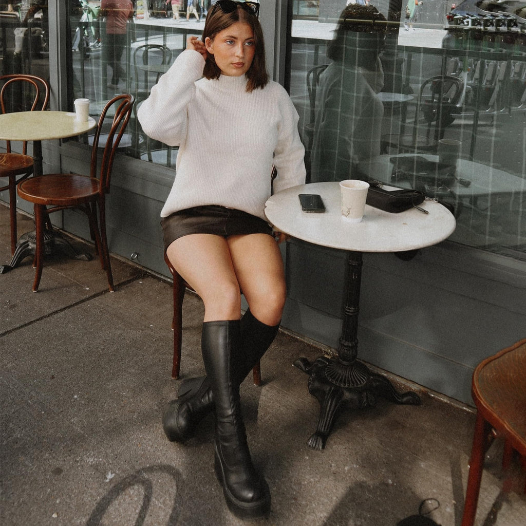 AMINUGAL Womens Elastic Knee High Platform Chunky Block High Heel Sock Boots Zipper Round Toe Fashion Motorcycle Combat Punk Boots For Women