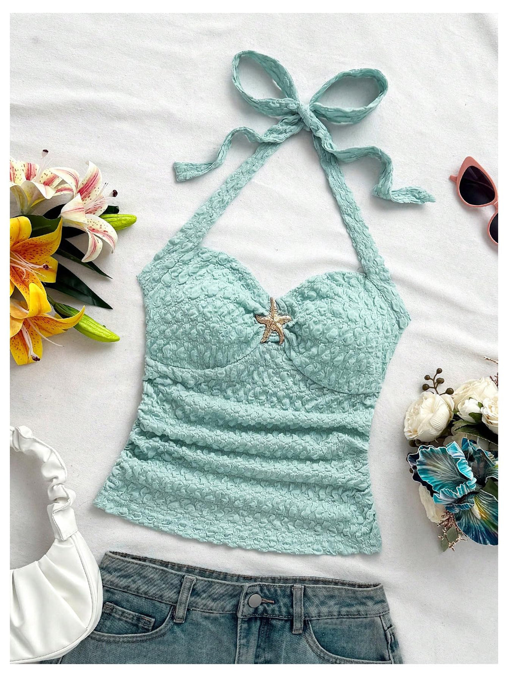 SOLY HUX Women's V Neck Halter Tops Open Back Y2k Ruched Floral Metal Summer Going Out Cami Tops