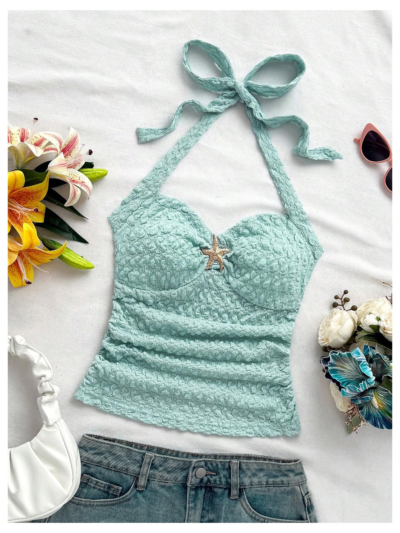 SOLY HUX Women's V Neck Halter Tops Open Back Y2k Ruched Floral Metal Summer Going Out Cami Tops