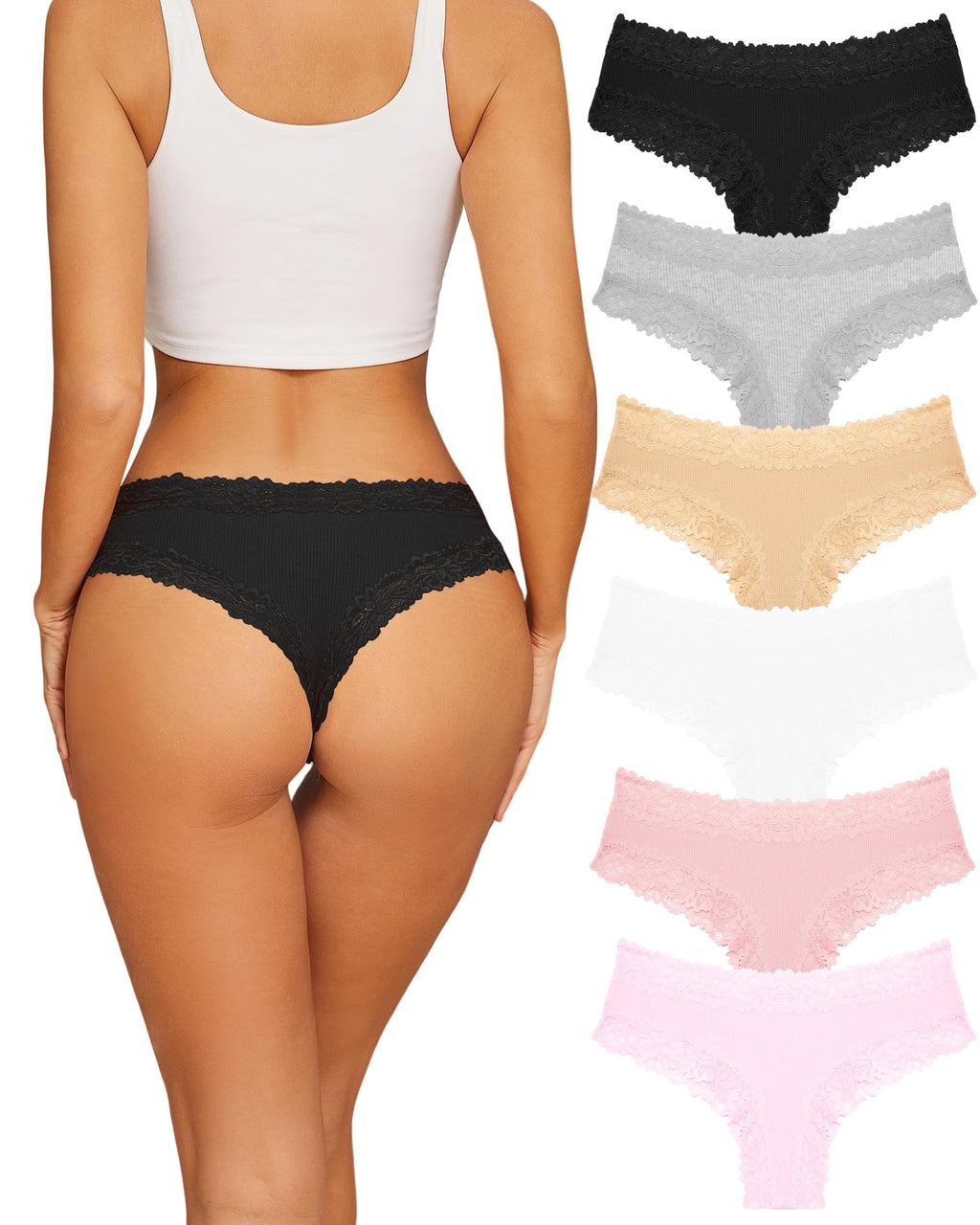 Sth Big Womens Cotton Underwear Sexy Lace Brazilian Panties Soft Breathable Cotton Bikini for Ladies 6 Pack