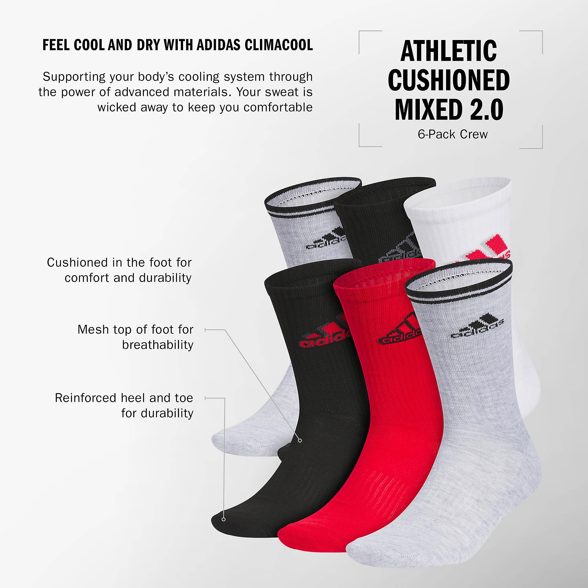 adidas Men's Athletic Cushioned 6-Pack Crew, Cushioned Crew Socks with Arch Compression for a Secure Fit