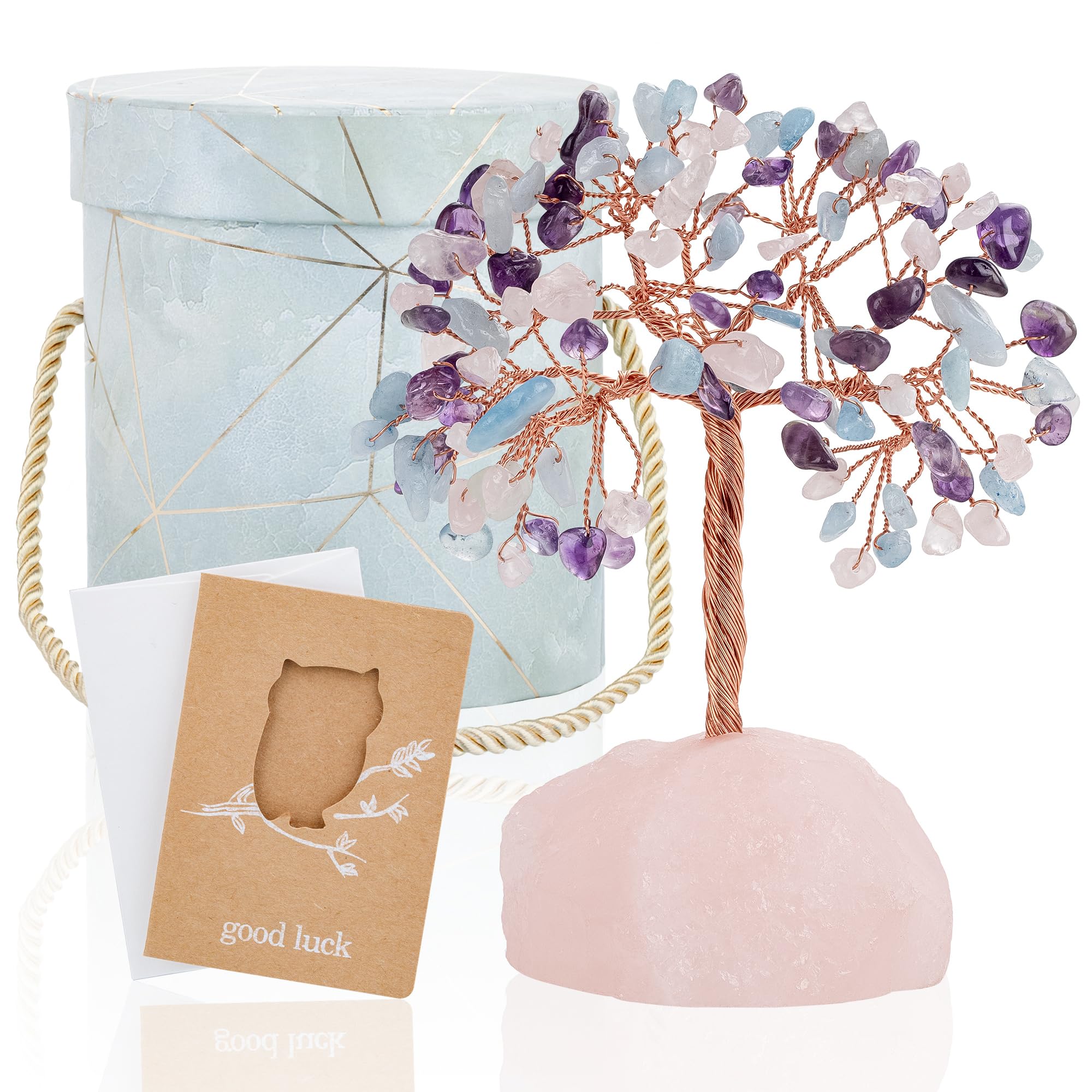 ZenBless 7 Chakra Healing Crystals Stones Tree, Amethyst, Pink Crystal, Aquamarine Leaf Wire Wrapped on Natural Agate Slice Base, Home Office Desk Living Room Feng Shui Decoration for Luck