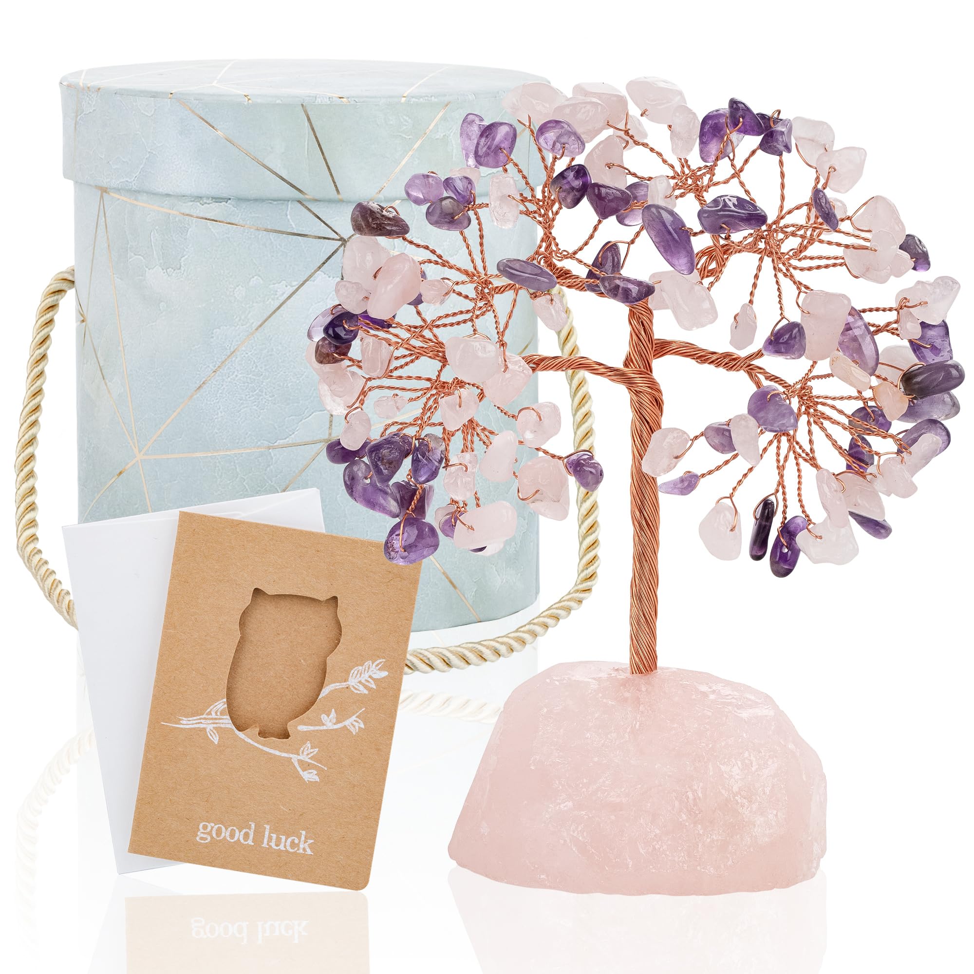 ZenBless 7 Chakra Healing Crystals Stones Tree, Amethyst, Pink Crystal, Aquamarine Leaf Wire Wrapped on Natural Agate Slice Base, Home Office Desk Living Room Feng Shui Decoration for Luck