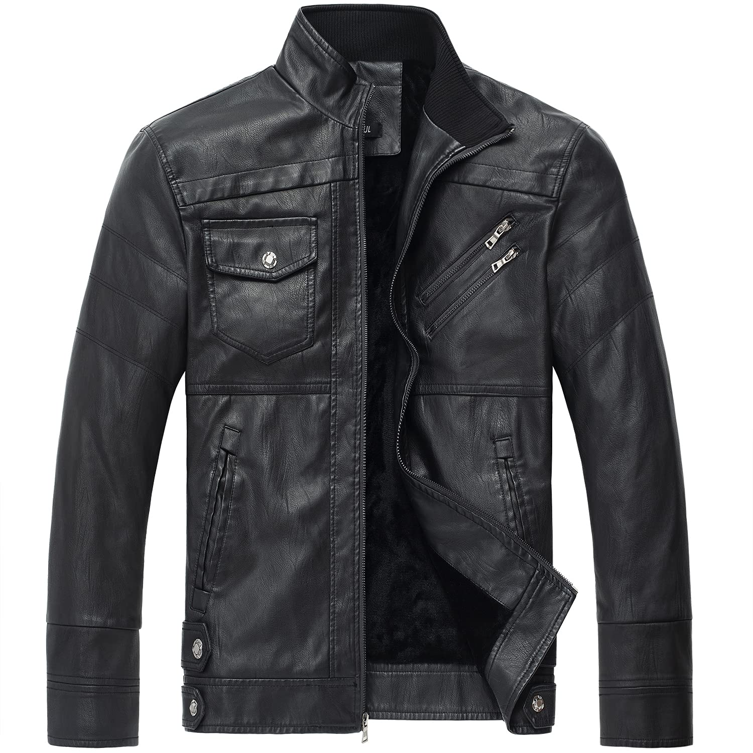 WULFUL Men's Vintage Stand Collar Leather Jacket Motorcycle PU Jacket and Coat