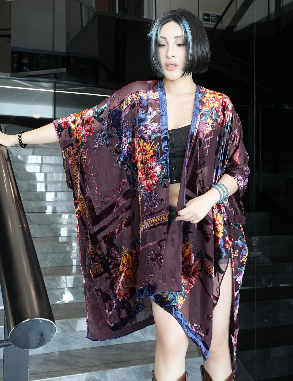 Women's Burnout Velvet Kimono Long Cardigan Cover Up Casual Outfit
