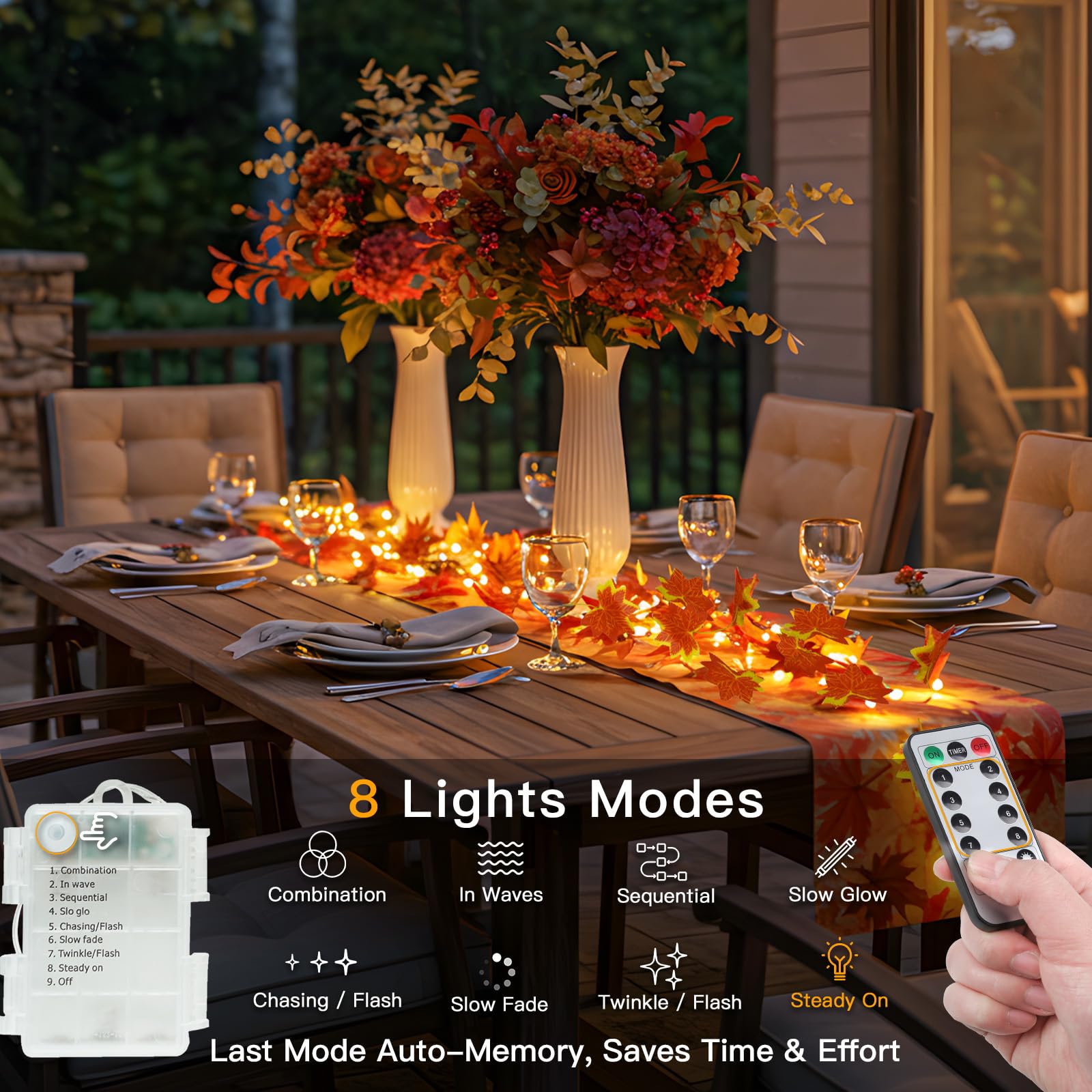 suddus Vine with Fairy Lights Battery Operated, 33ft 100 LED Maple Leaf String Lights with Remote, Dimmable Fall Garland with Lights for Bedroom Wall Indoor Outdoor Thanksgiving Decor (Warm White)