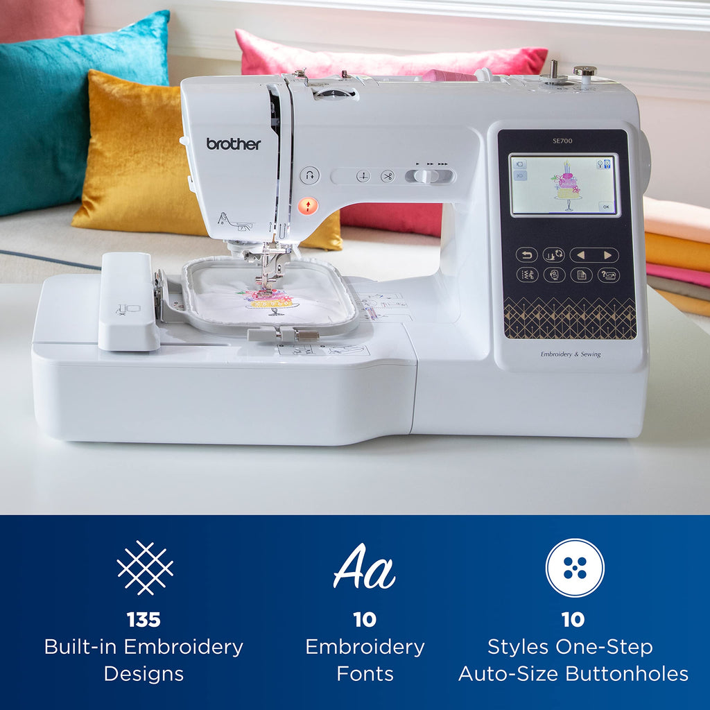 Brother SE700 Sewing and Embroidery Machine, Wireless LAN Connected, 135 Built-in Designs, 103 Built-in Stitches, Computerized, 4" x 4" Hoop Area, 3.7" Touchscreen Display, 8 Included Feet, White