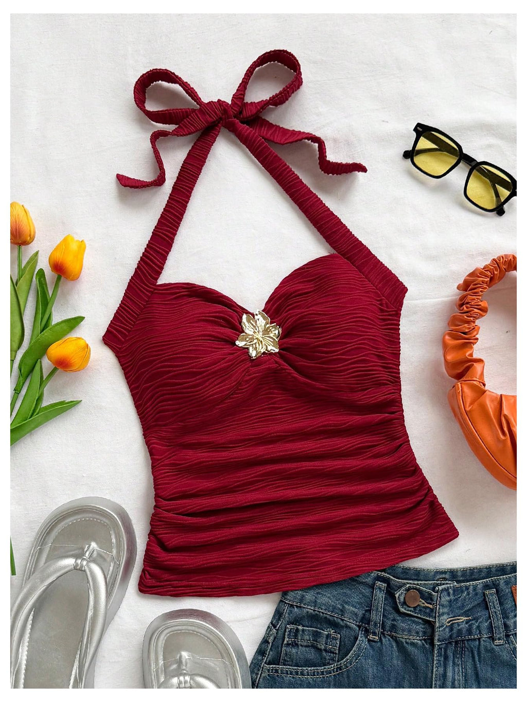 SOLY HUX Women's V Neck Halter Tops Open Back Y2k Ruched Floral Metal Summer Going Out Cami Tops