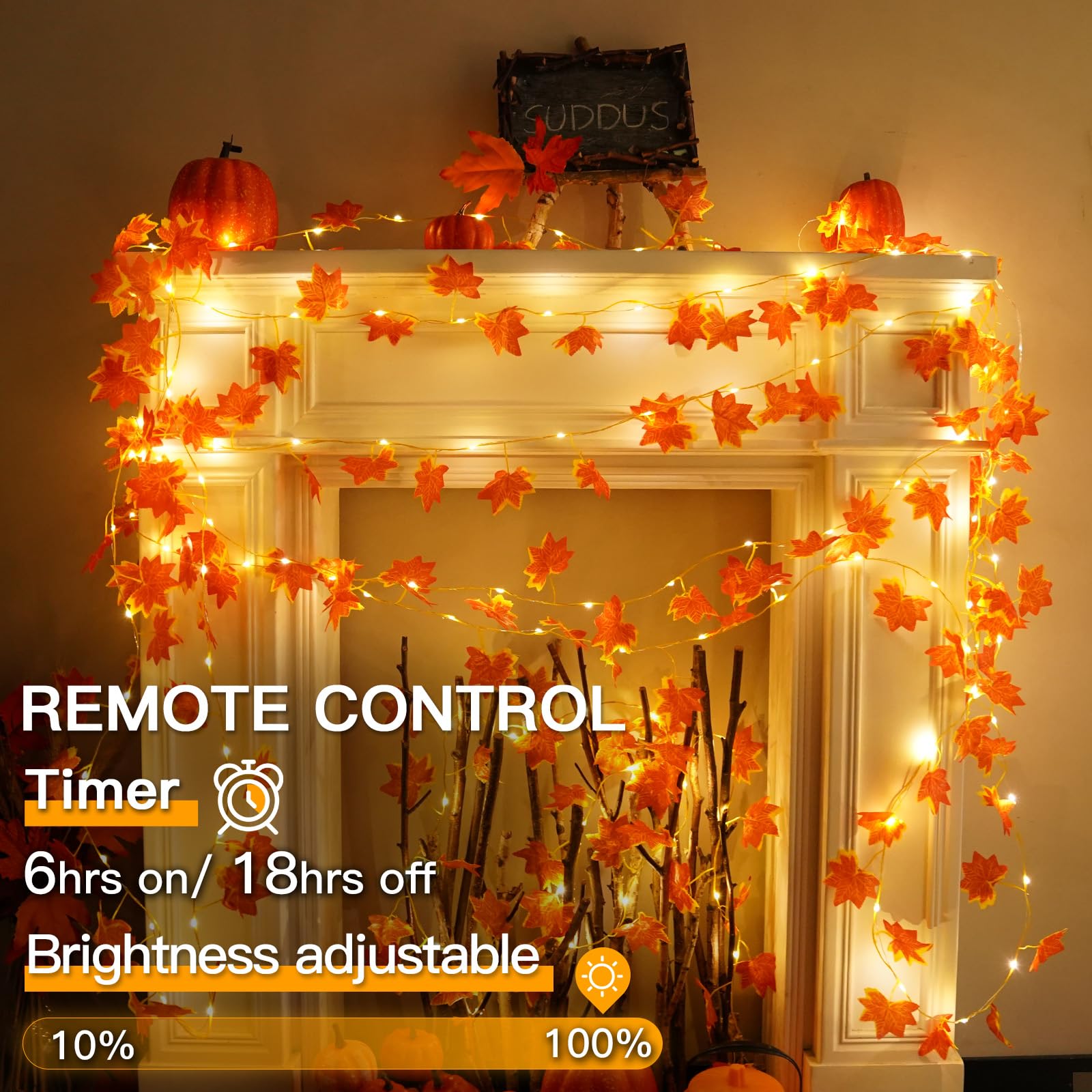 suddus Vine with Fairy Lights Battery Operated, 33ft 100 LED Maple Leaf String Lights with Remote, Dimmable Fall Garland with Lights for Bedroom Wall Indoor Outdoor Thanksgiving Decor (Warm White)