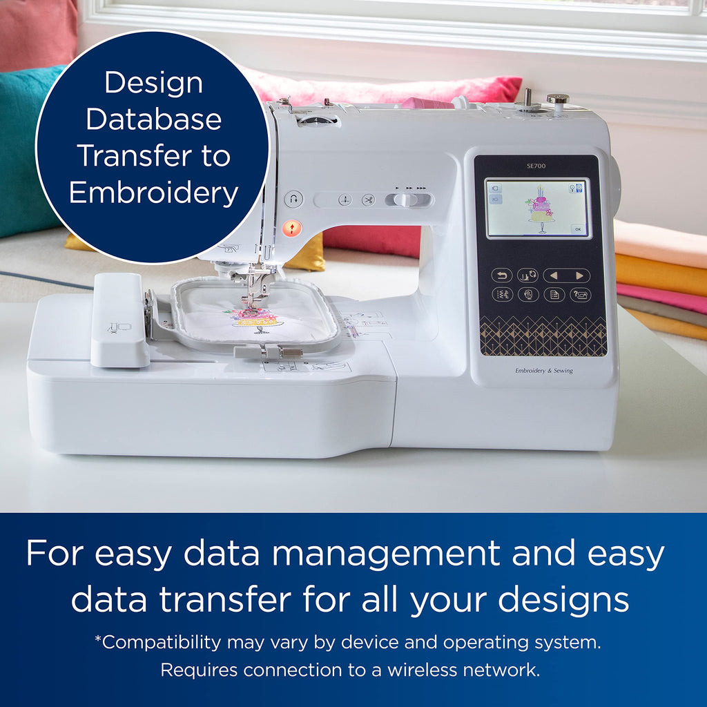 Brother SE700 Sewing and Embroidery Machine, Wireless LAN Connected, 135 Built-in Designs, 103 Built-in Stitches, Computerized, 4" x 4" Hoop Area, 3.7" Touchscreen Display, 8 Included Feet, White