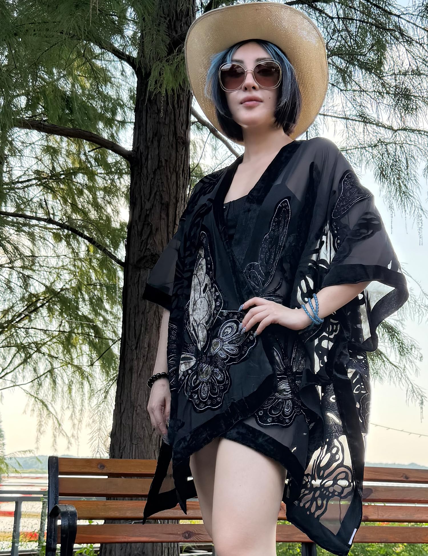 Women's Burnout Velvet Kimono Long Cardigan Cover Up Casual Outfit