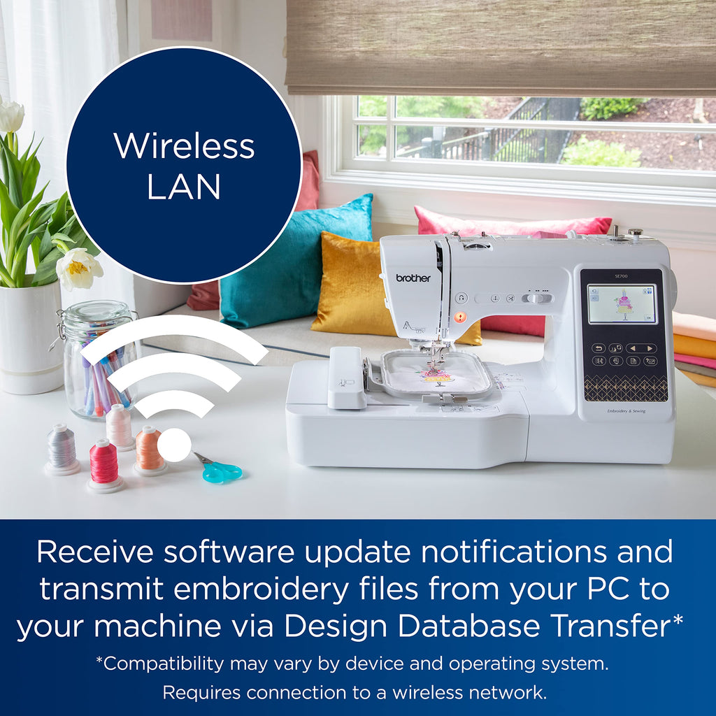 Brother SE700 Sewing and Embroidery Machine, Wireless LAN Connected, 135 Built-in Designs, 103 Built-in Stitches, Computerized, 4" x 4" Hoop Area, 3.7" Touchscreen Display, 8 Included Feet, White