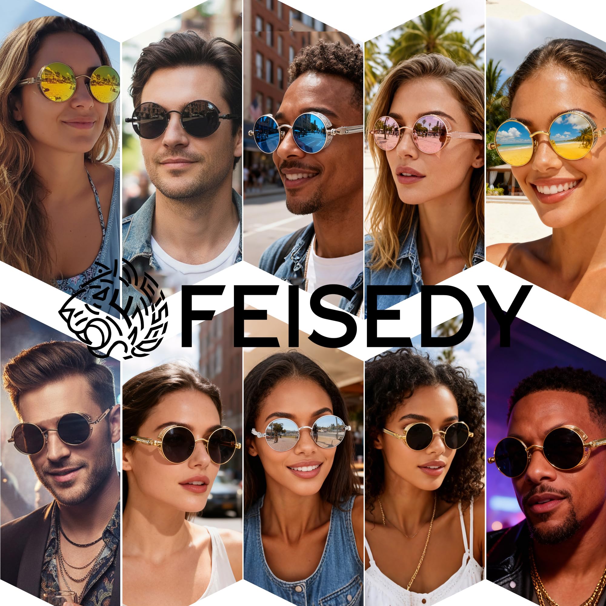 FEISEDY Retro Gothic Steampunk Sunglasses Round Metal Frame Punk Circle Inspired Shade Men B1857
