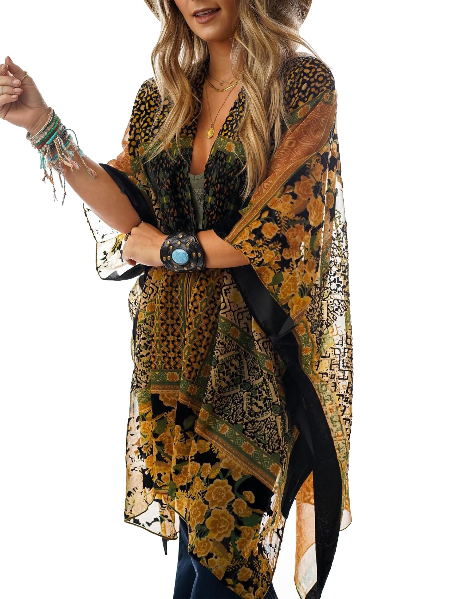 Women's Burnout Velvet Kimono Long Cardigan Cover Up Casual Outfit