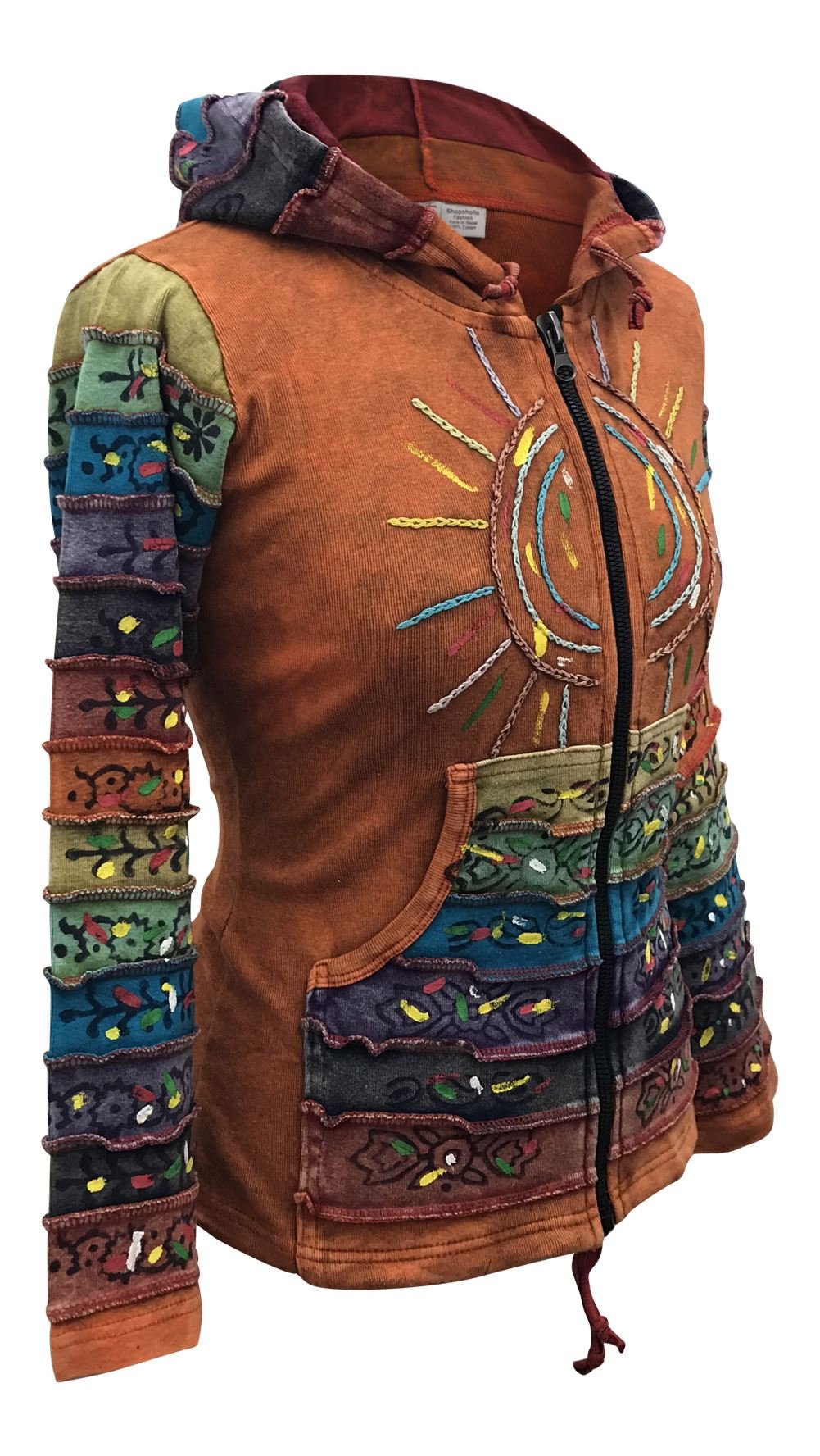 Shopoholic Fashion Women's Full Sleeve Gothic Sun Patchwork Faded Pixie Cotton Hippy Rib Hoodie