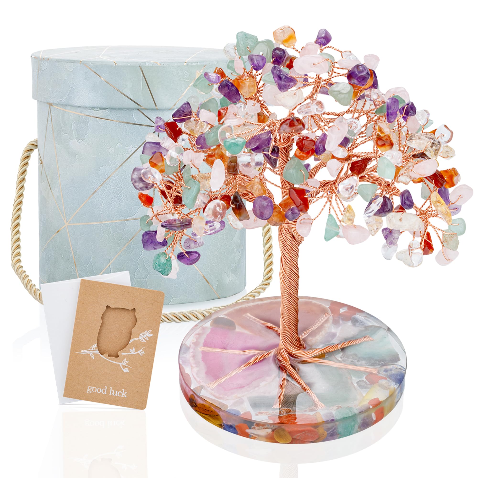 ZenBless 7 Chakra Healing Crystals Stones Tree, Amethyst, Pink Crystal, Aquamarine Leaf Wire Wrapped on Natural Agate Slice Base, Home Office Desk Living Room Feng Shui Decoration for Luck