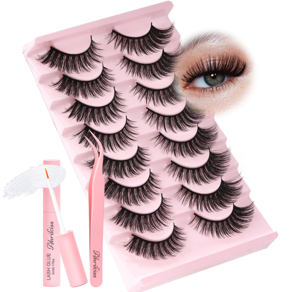 Ahrikiss Lashes Wispy False Eyelashes Natural Look Cat Eye Lashes 8 Pairs Faux Mink Lashes Lightweight Eyelashes Kit with Lash Glue and Lash Tweezers Soft Fake Lashes (Ethereal)