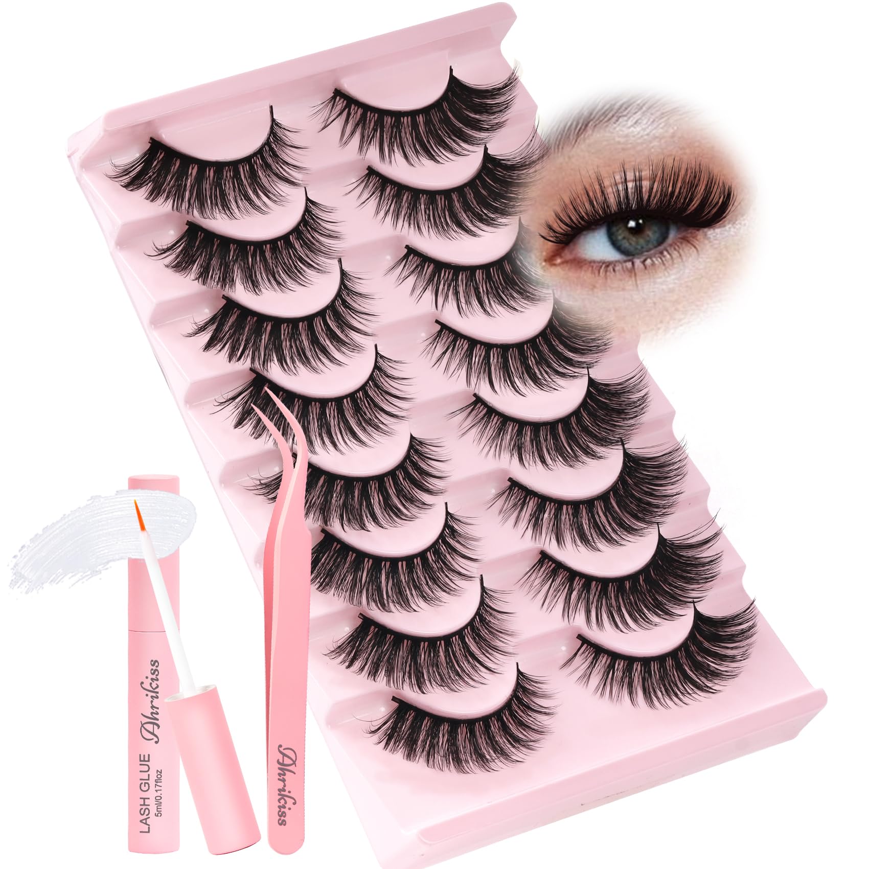 Ahrikiss Lashes Wispy False Eyelashes Natural Look Cat Eye Lashes 8 Pairs Faux Mink Lashes Lightweight Eyelashes Kit with Lash Glue and Lash Tweezers Soft Fake Lashes (Ethereal)