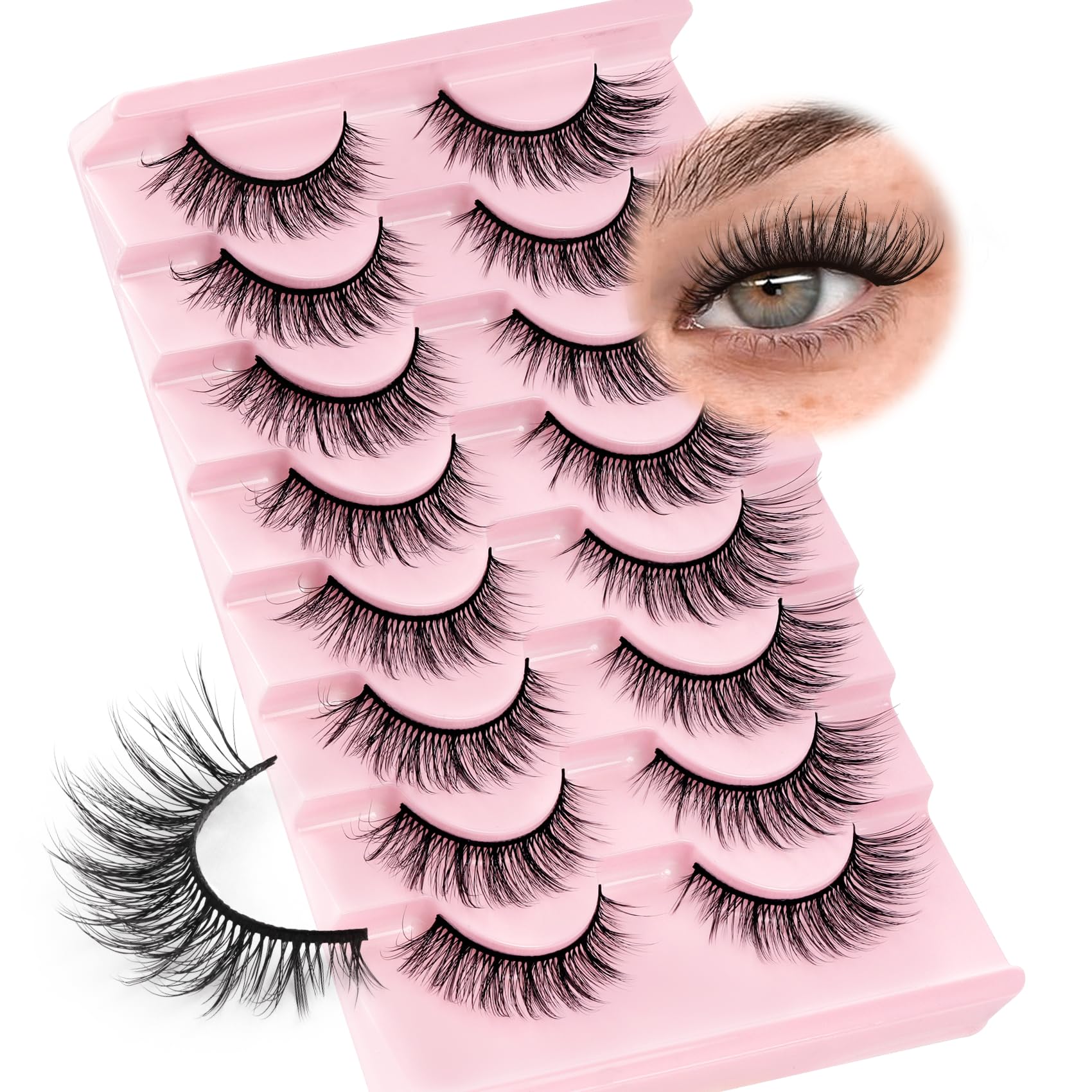 Ahrikiss Lashes Wispy False Eyelashes Natural Look Cat Eye Lashes 8 Pairs Faux Mink Lashes Lightweight Eyelashes Kit with Lash Glue and Lash Tweezers Soft Fake Lashes (Ethereal)