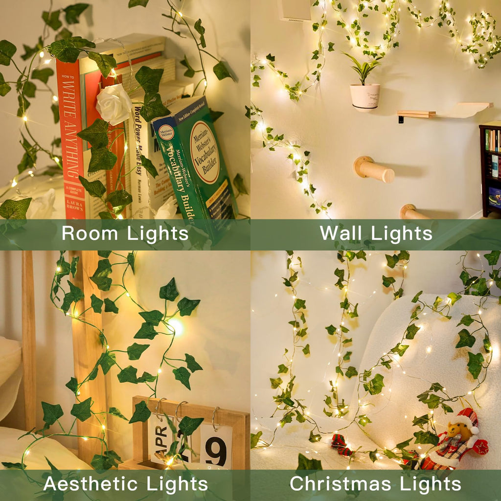 suddus Vine with Fairy Lights Battery Operated, 33ft 100 LED Maple Leaf String Lights with Remote, Dimmable Fall Garland with Lights for Bedroom Wall Indoor Outdoor Thanksgiving Decor (Warm White)