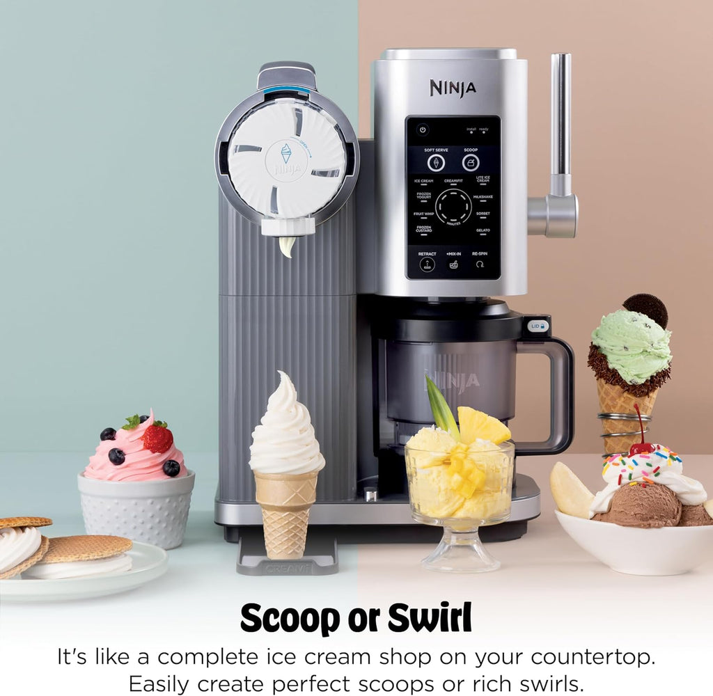 Ninja CREAMi Scoop & Swirl Ice Cream and Soft Serve Maker, Sorbet, Milkshake, Frozen Yogurt, Low Calories Program & More, 13-in-1, Soft Serve Handle & (2) CREAMi 2-in-1 16oz Pints, NC701