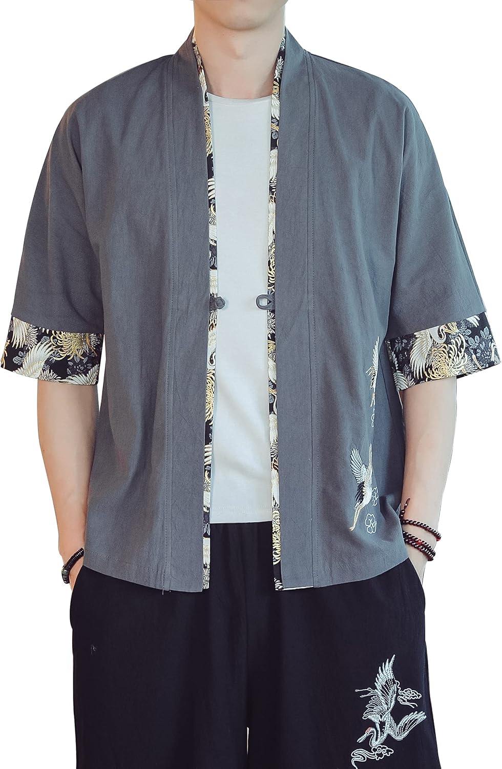 PRIJOUHE Men's Kimono Jackets Cardigan Lightweight Casual Cotton Blends Linen Seven Sleeves Open Front Coat Outwear