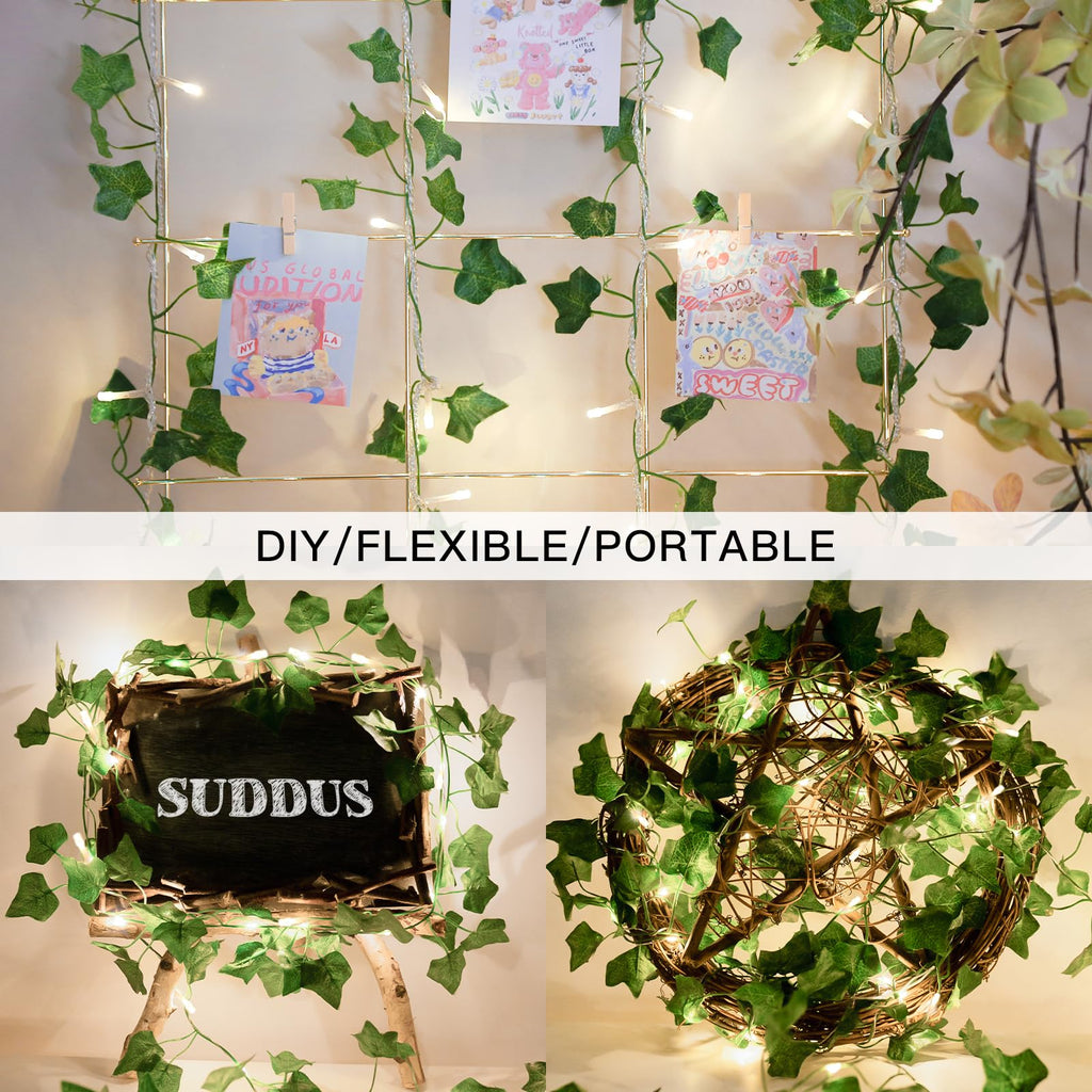 suddus Vine with Fairy Lights Battery Operated, 33ft 100 LED Maple Leaf String Lights with Remote, Dimmable Fall Garland with Lights for Bedroom Wall Indoor Outdoor Thanksgiving Decor (Warm White)