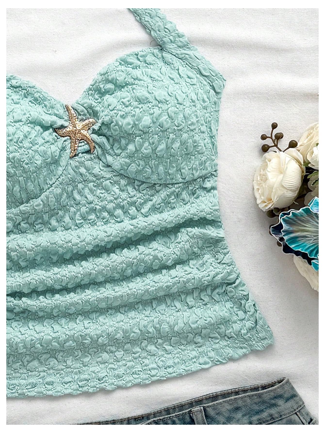 SOLY HUX Women's V Neck Halter Tops Open Back Y2k Ruched Floral Metal Summer Going Out Cami Tops