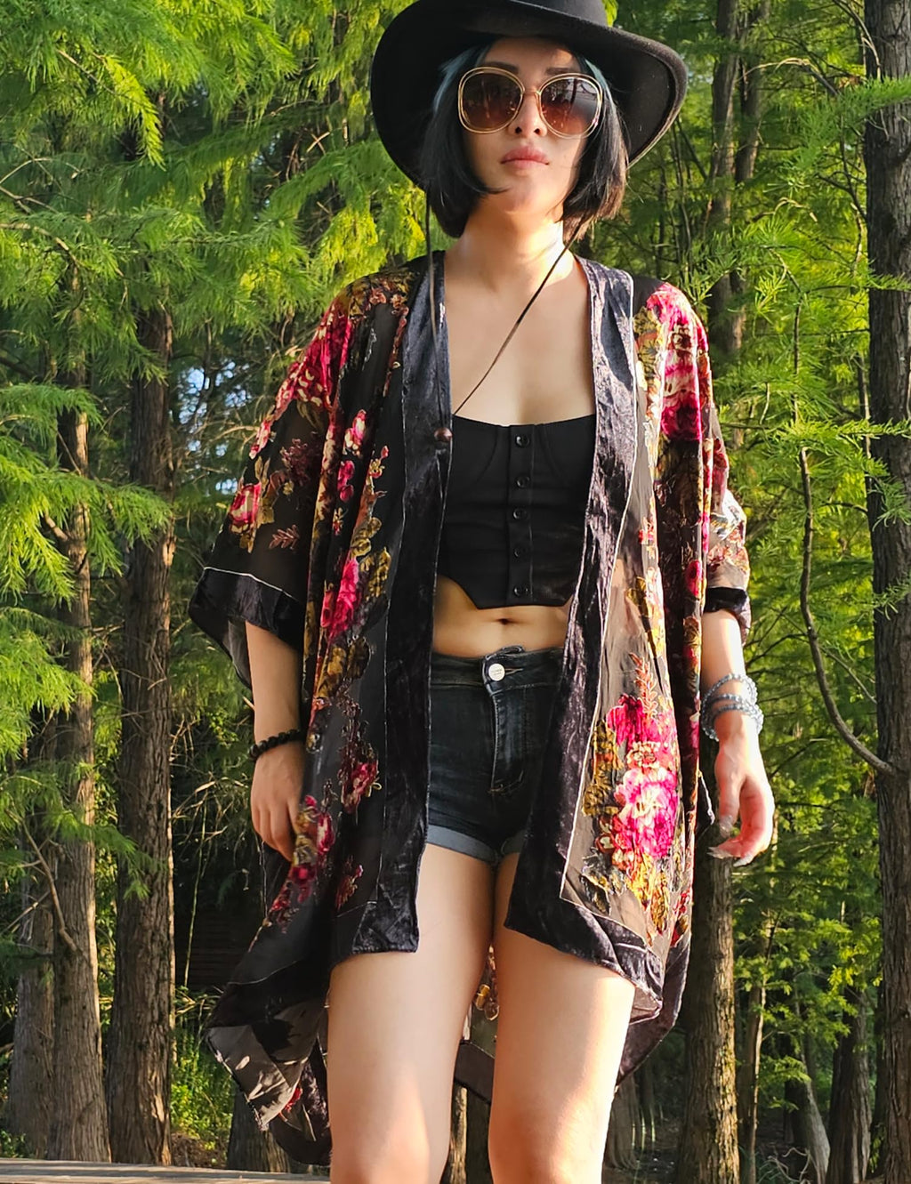Women's Burnout Velvet Kimono Long Cardigan Cover Up Casual Outfit