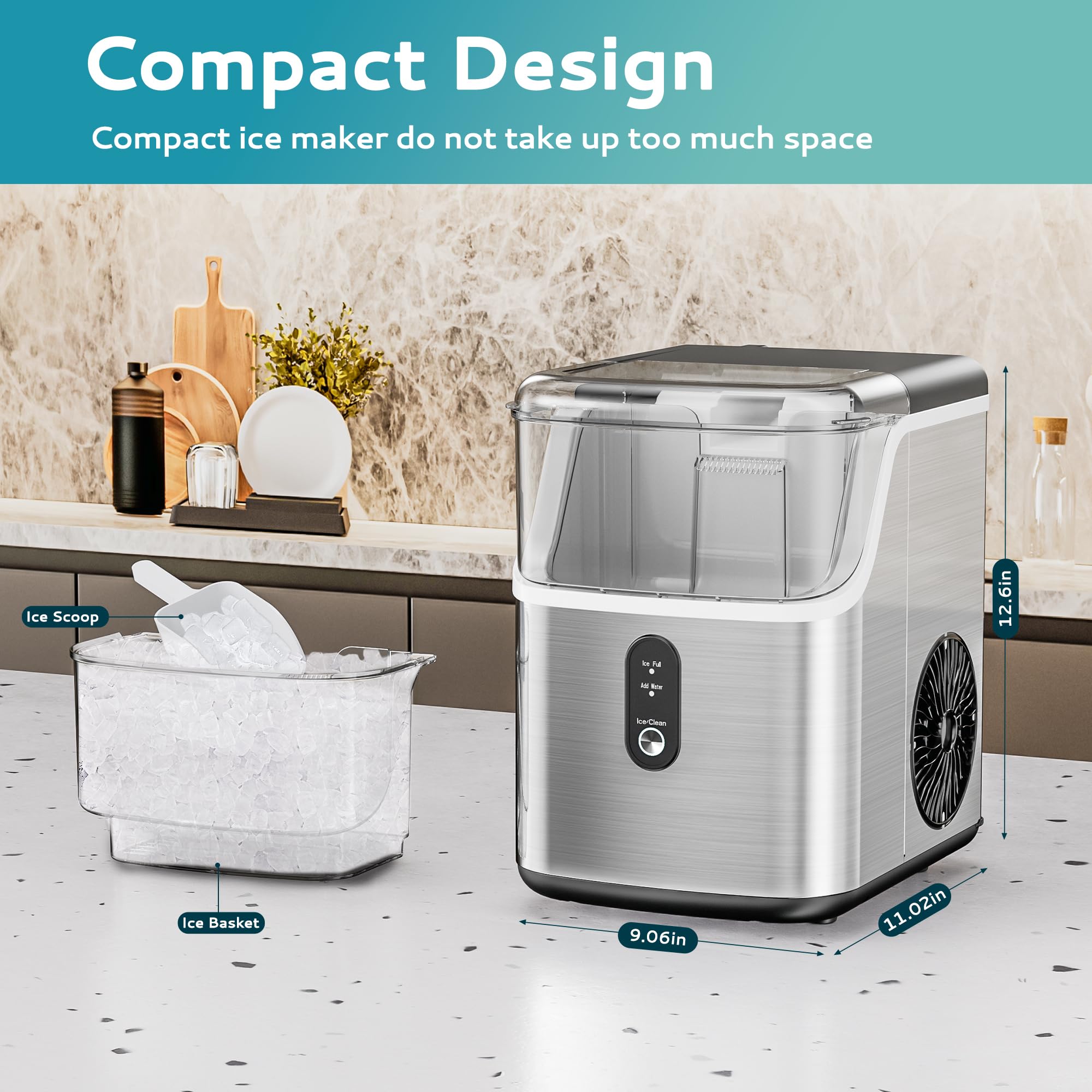 EUHOMY Nugget Ice Makers for Countertop with Ice Scoop & Basket, Self-Cleaning Sonic Pebble/Pellet Ice Maker Machine with 35lbs/24H Soft Ice for Home/Kitchen/Office, Stainless Steel, Silver