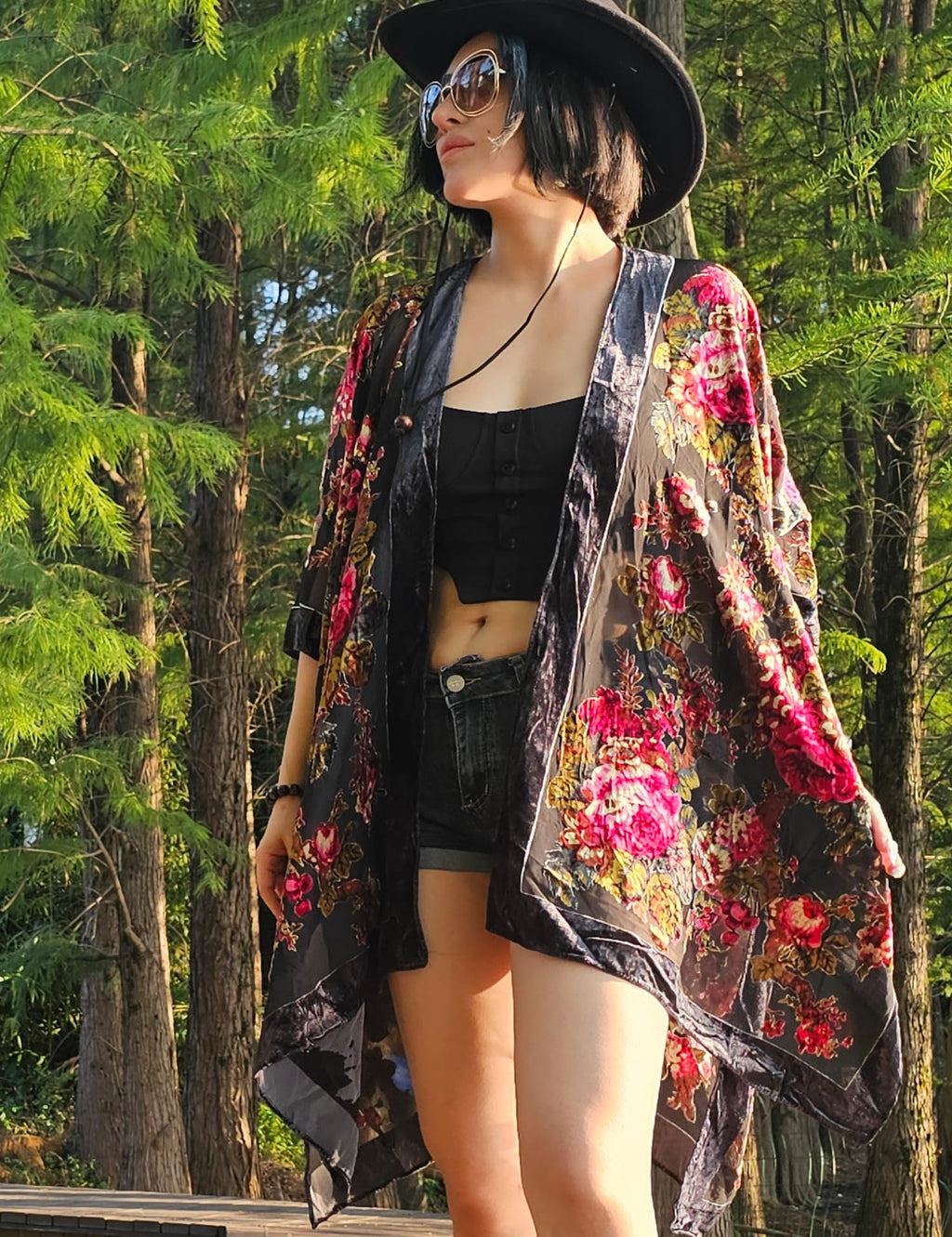 Women's Burnout Velvet Kimono Long Cardigan Cover Up Casual Outfit