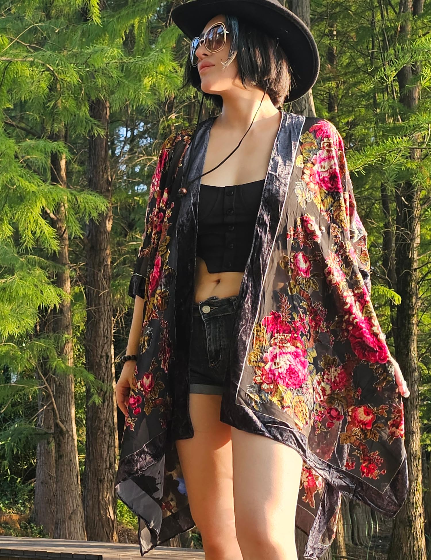 Women's Burnout Velvet Kimono Long Cardigan Cover Up Casual Outfit