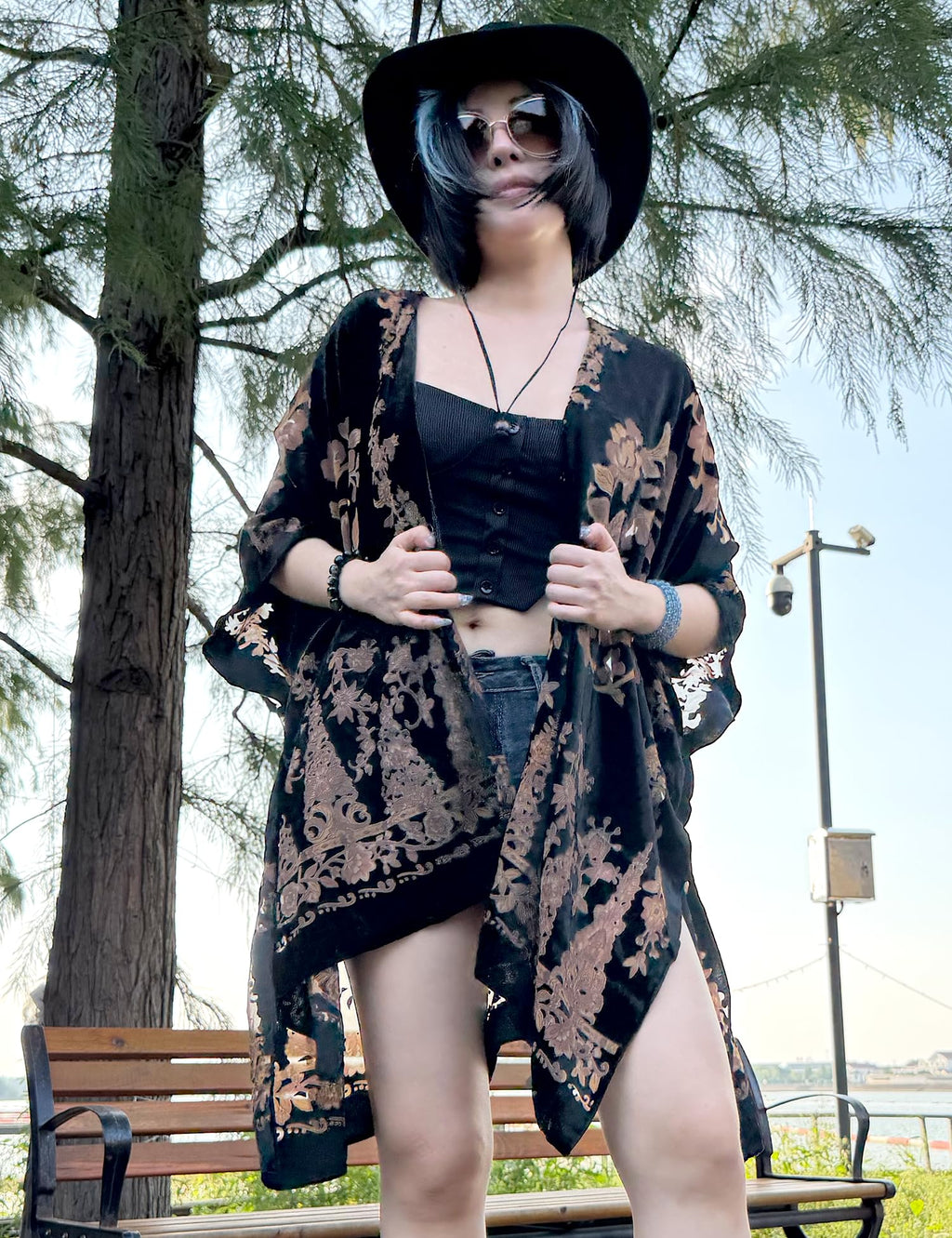 Women's Burnout Velvet Kimono Long Cardigan Cover Up Casual Outfit