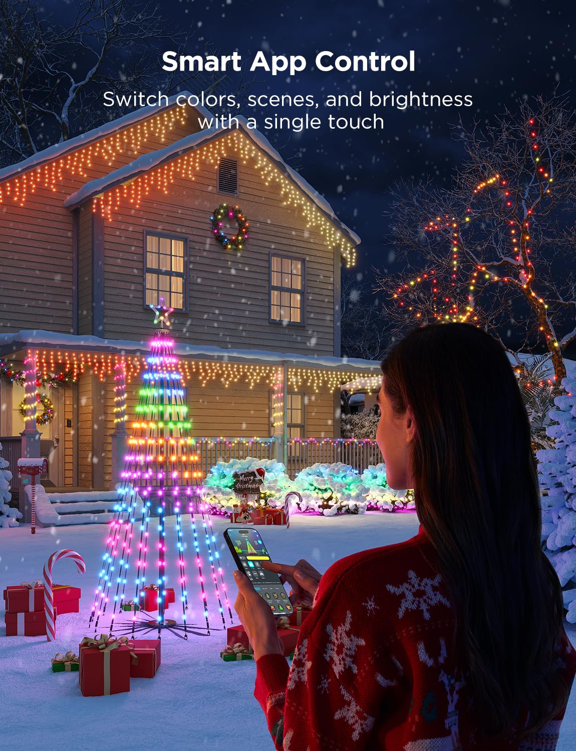 Govee Christmas Cone Tree Lights, 6ft 316 LEDs RGBIC Christmas Tree Lights with Smart App Control, IP67 Waterproof Outdoor String Lights for Xmas Decorations, 82+ Scene Modes, Music Sync, Black Stand