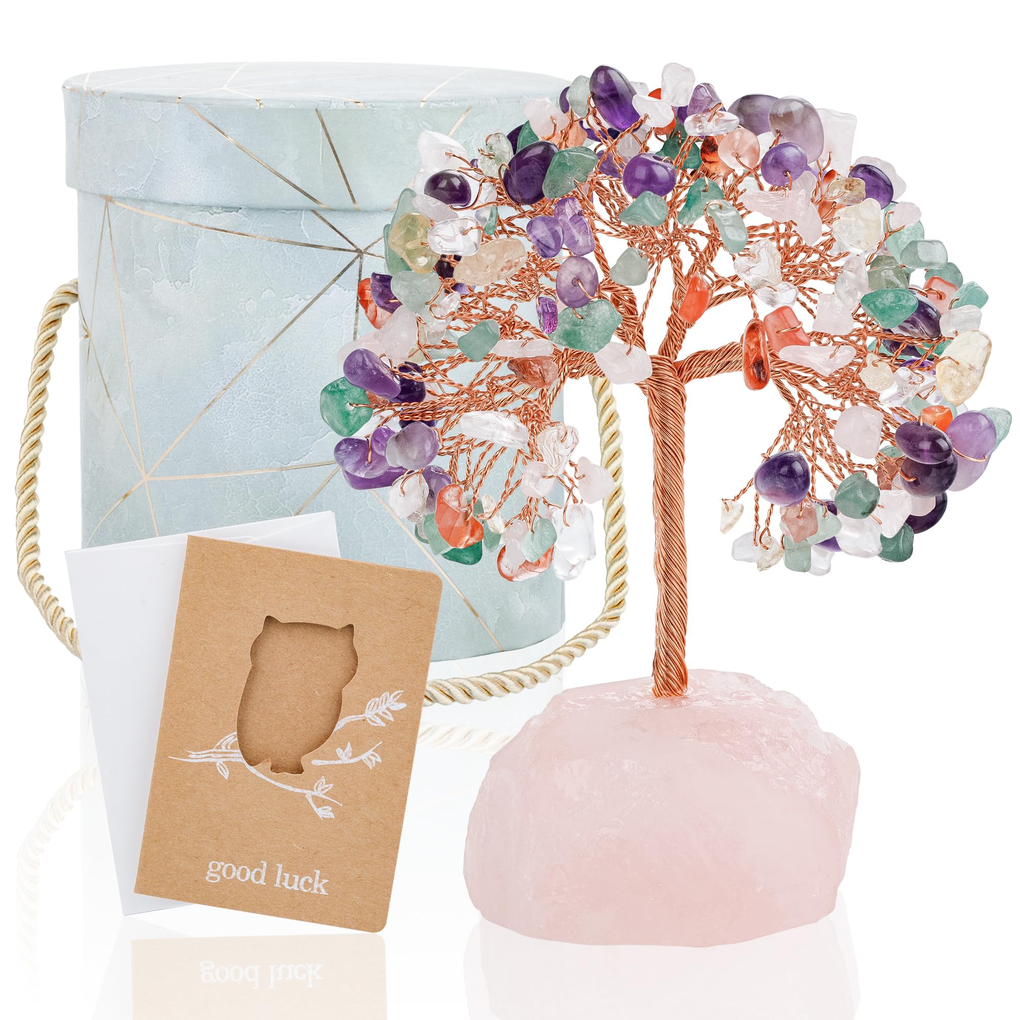 ZenBless 7 Chakra Healing Crystals Stones Tree, Amethyst, Pink Crystal, Aquamarine Leaf Wire Wrapped on Natural Agate Slice Base, Home Office Desk Living Room Feng Shui Decoration for Luck