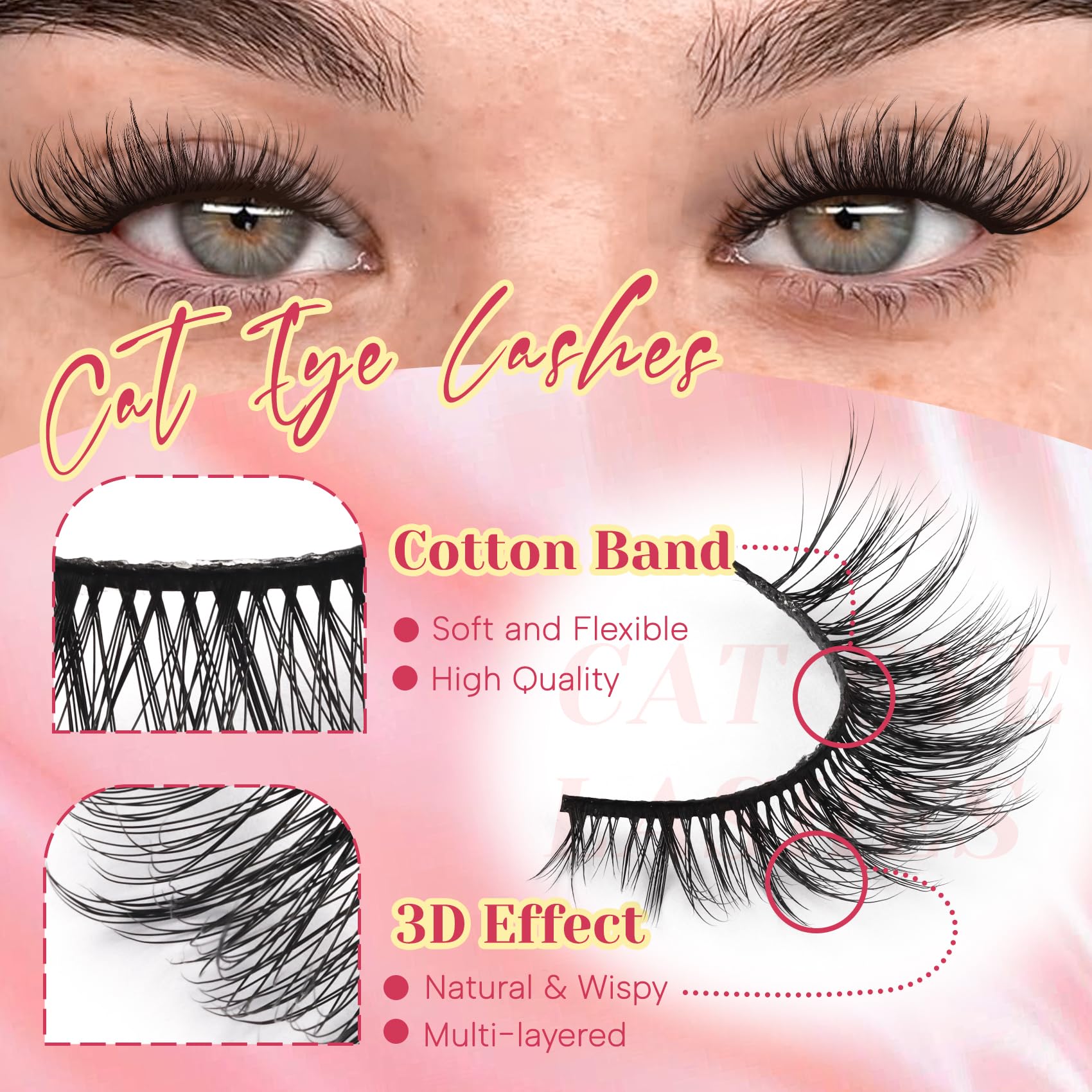 Ahrikiss Lashes Wispy False Eyelashes Natural Look Cat Eye Lashes 8 Pairs Faux Mink Lashes Lightweight Eyelashes Kit with Lash Glue and Lash Tweezers Soft Fake Lashes (Ethereal)