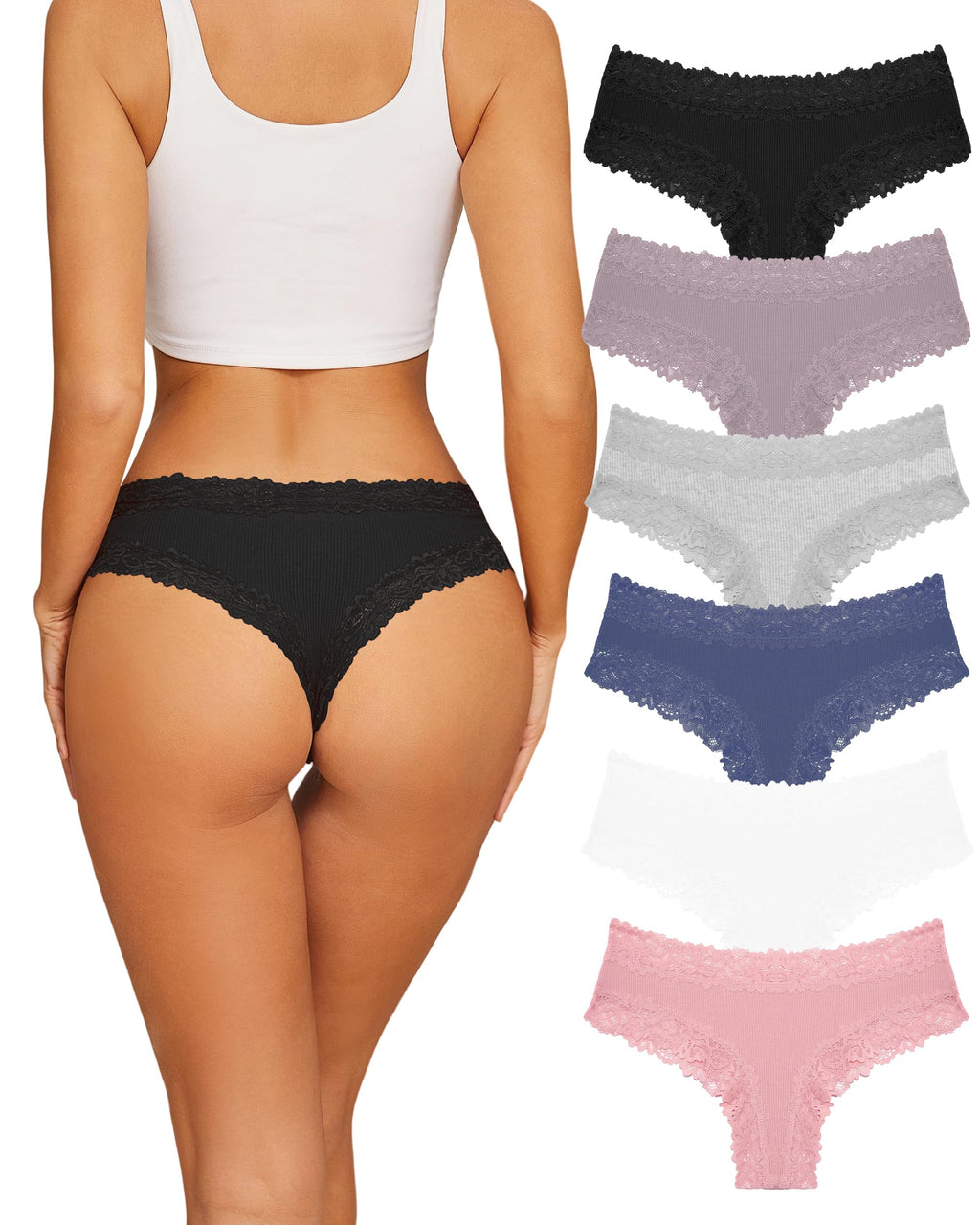 Sth Big Womens Cotton Underwear Sexy Lace Brazilian Panties Soft Breathable Cotton Bikini for Ladies 6 Pack