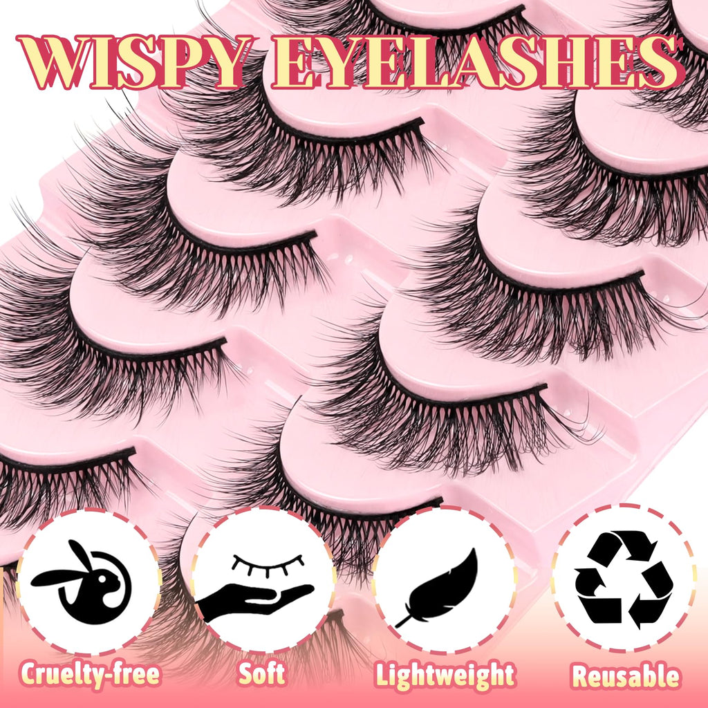 Ahrikiss Lashes Wispy False Eyelashes Natural Look Cat Eye Lashes 8 Pairs Faux Mink Lashes Lightweight Eyelashes Kit with Lash Glue and Lash Tweezers Soft Fake Lashes (Ethereal)