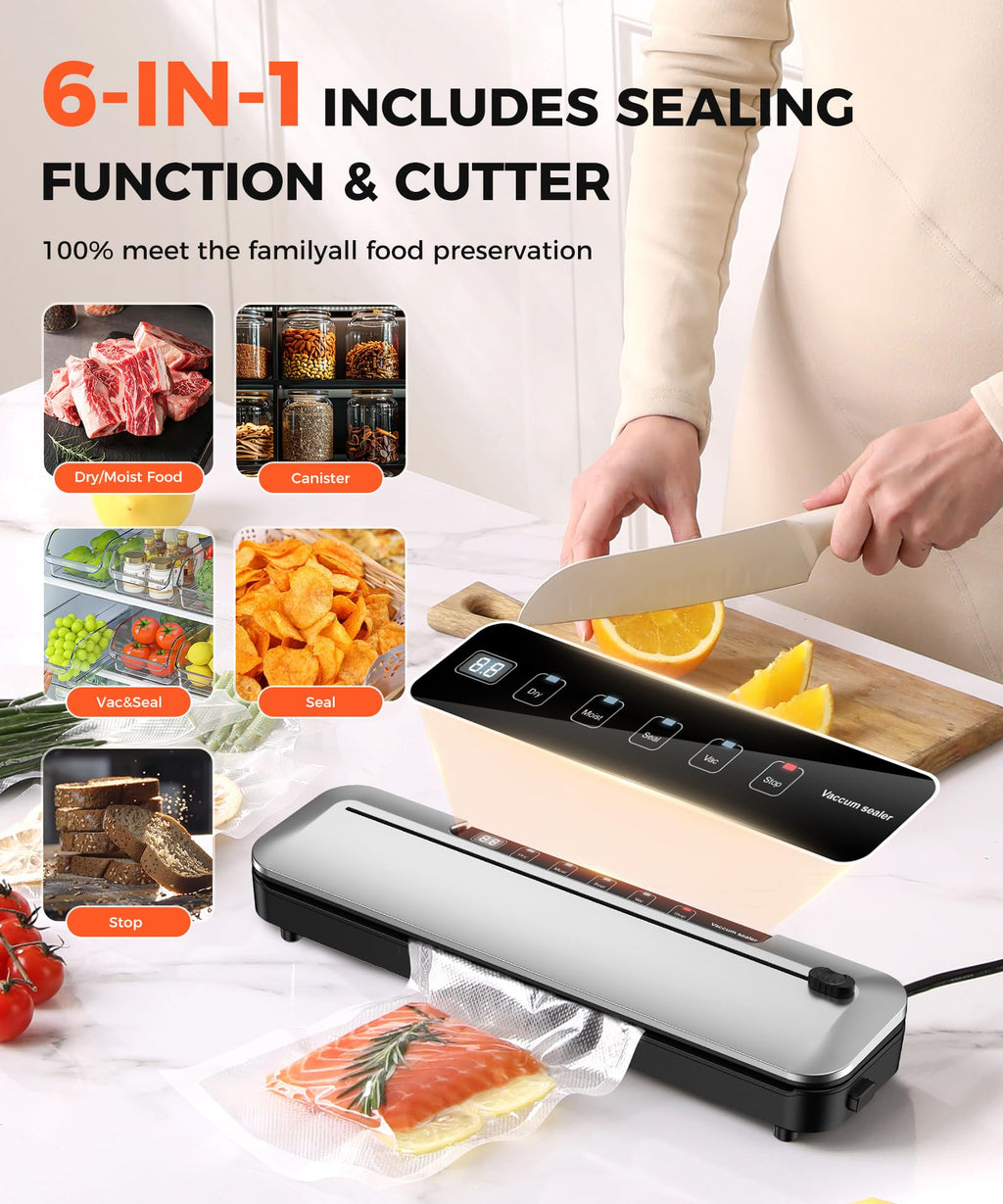 75KPa Food Vacuum Sealer,Light 6-in-1 Dry/Moist Modes with Digital Timer,Ft cu Built-in Cutter, Compact Design, Large Includes 10 Bags (Sliver) 14.8