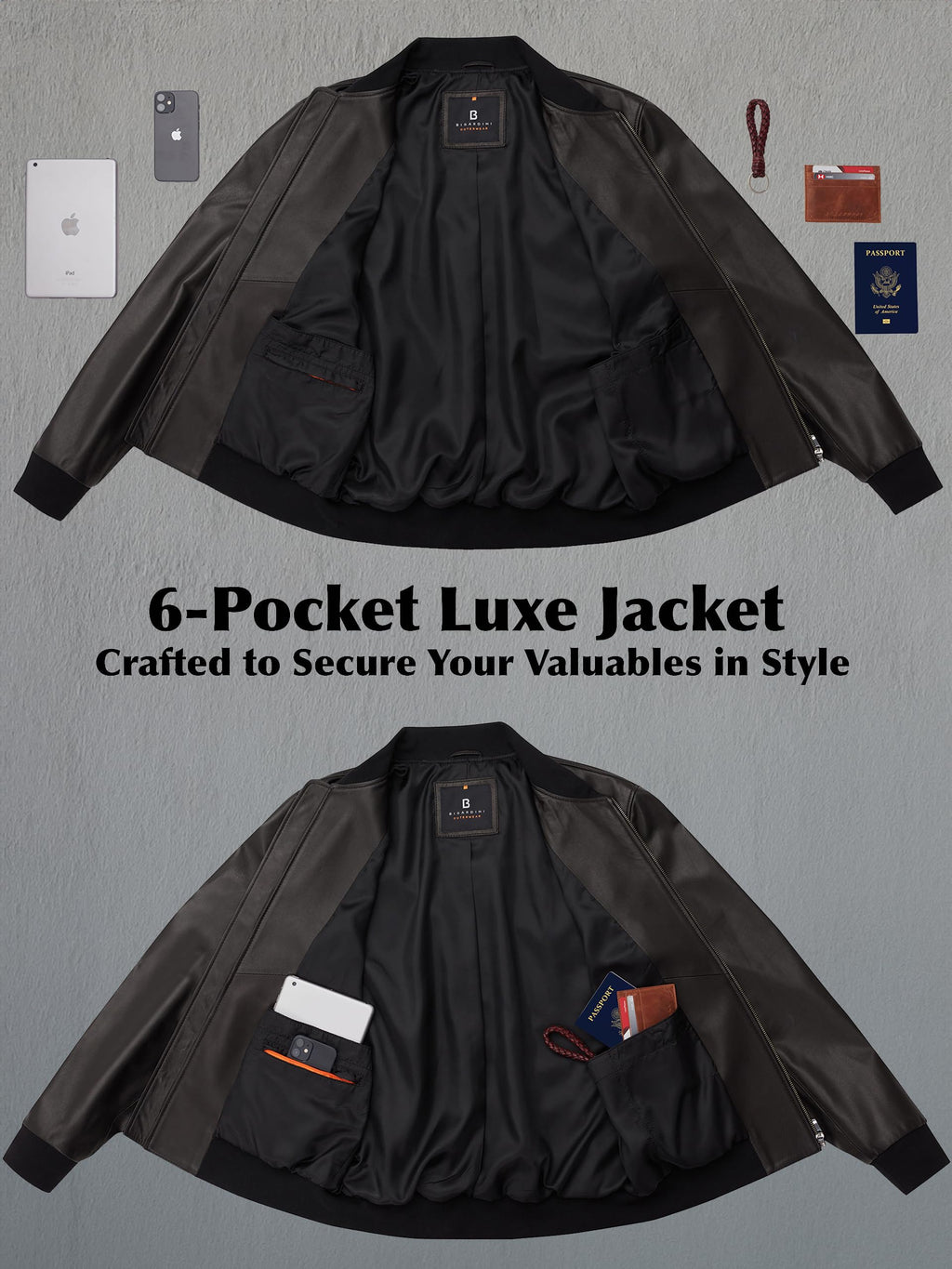 Bigardini Men's Leather Bomber Jacket - Genuine Lambskin Leather Jacket for Men - Black