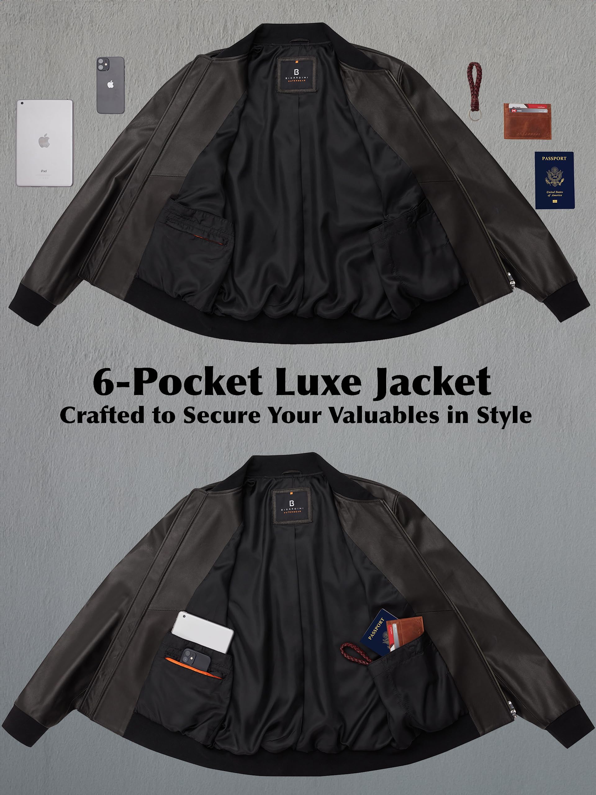 Bigardini Men's Leather Bomber Jacket - Genuine Lambskin Leather Jacket for Men - Black