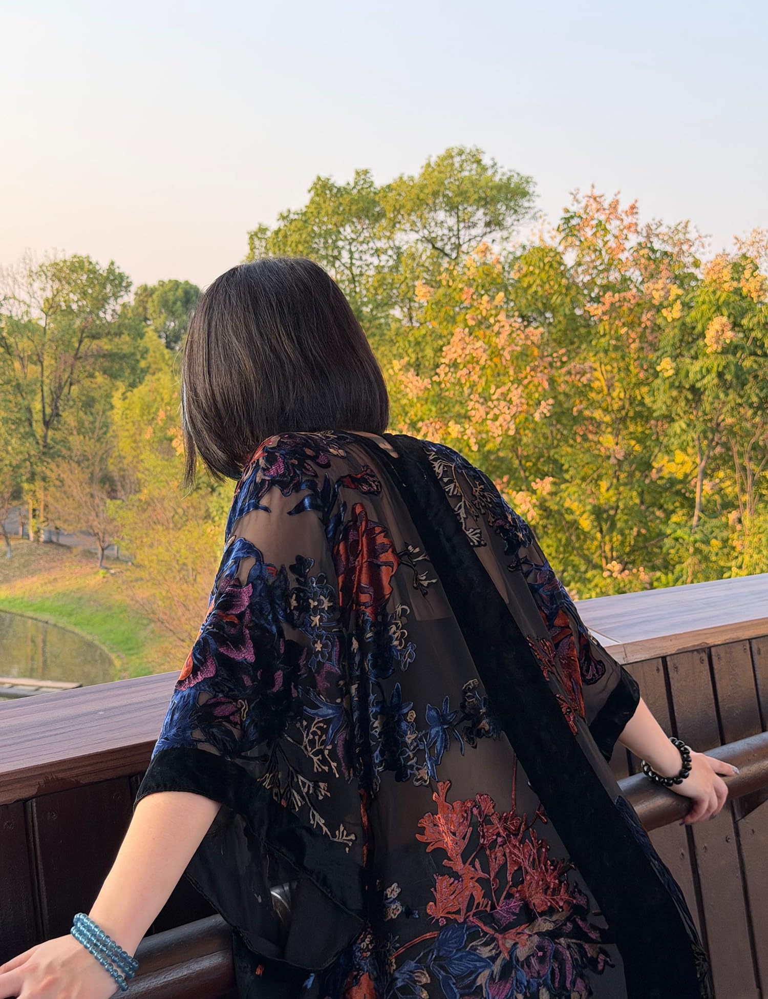 Women's Burnout Velvet Kimono Long Cardigan Cover Up Casual Outfit