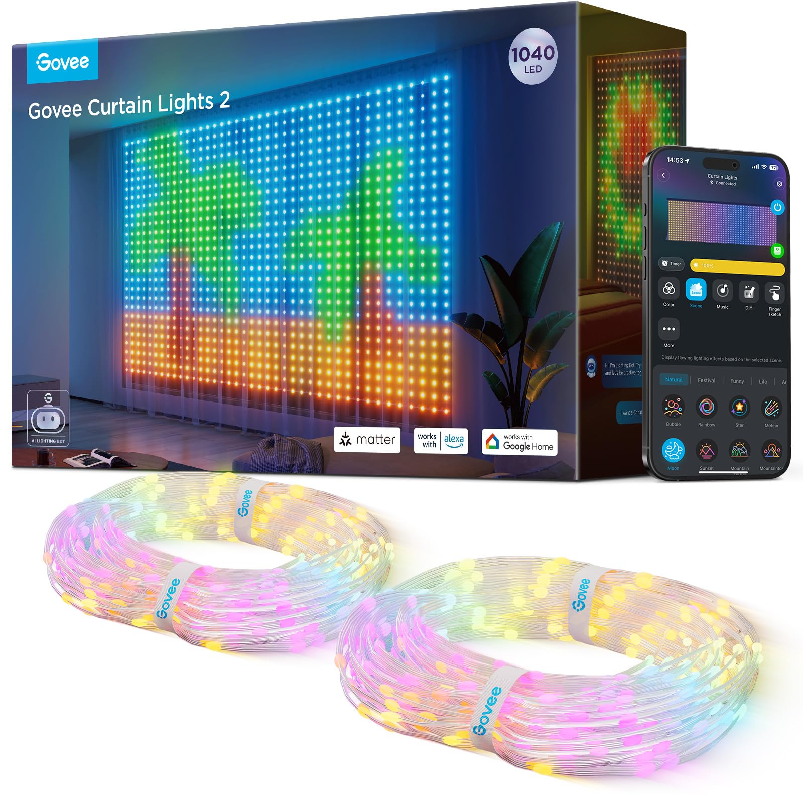 Govee Curtain Lights 2, 520 LEDs, Smart LED Curtain Light with DIY GIF AIGC, Non-Splicable, RGBIC Color Changing Holiday Lights for Indoor Outdoor Bedroom Window Decor, IP65 Waterproof, 4.9×6.6ft