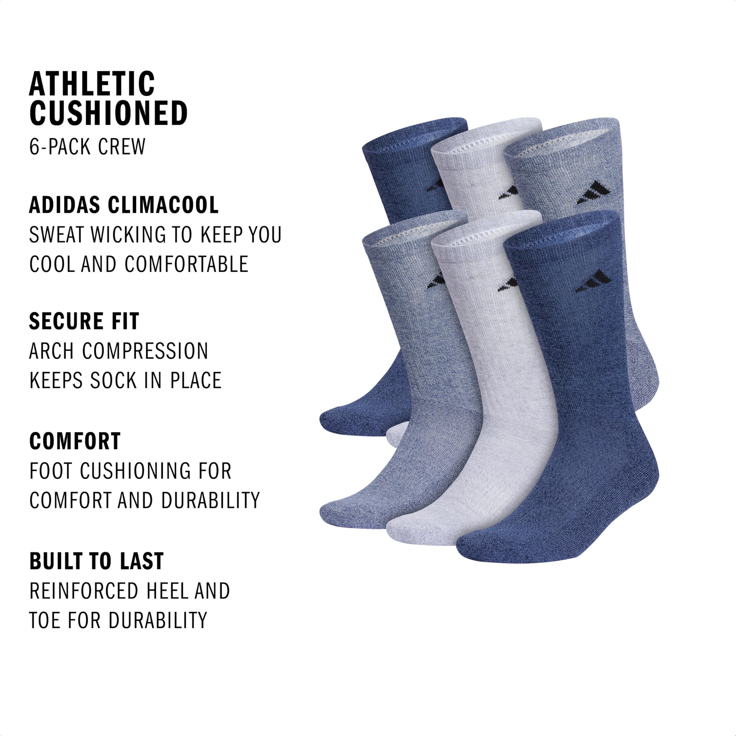 adidas Men's Athletic Cushioned 6-Pack Crew, Cushioned Crew Socks with Arch Compression for a Secure Fit