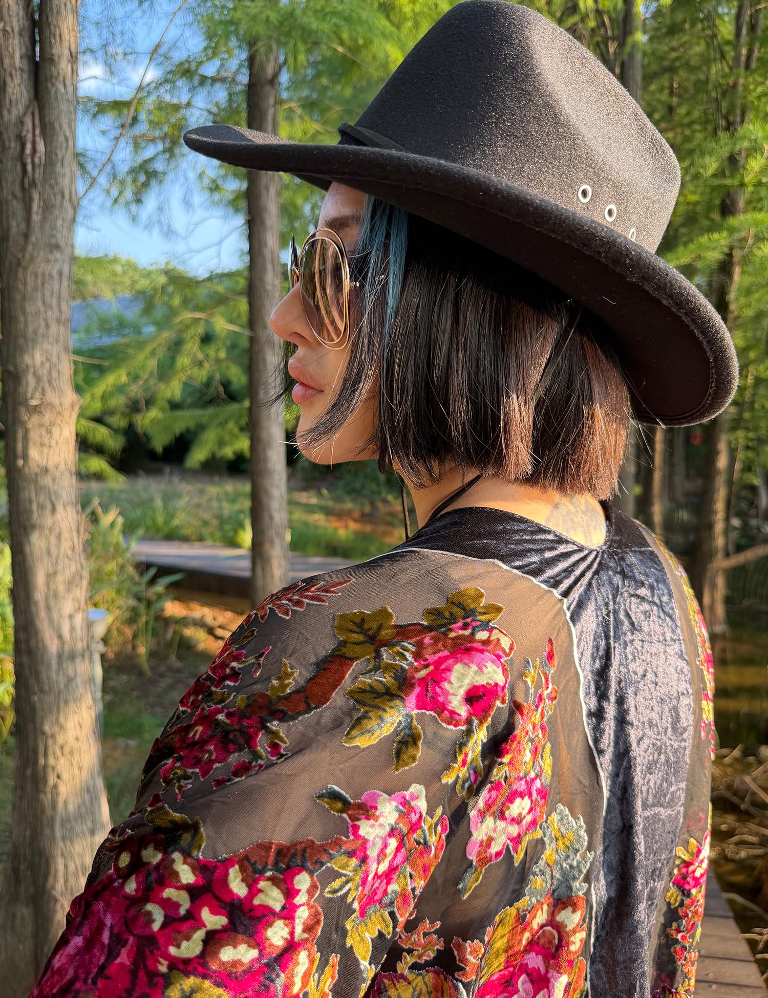 Women's Burnout Velvet Kimono Long Cardigan Cover Up Casual Outfit